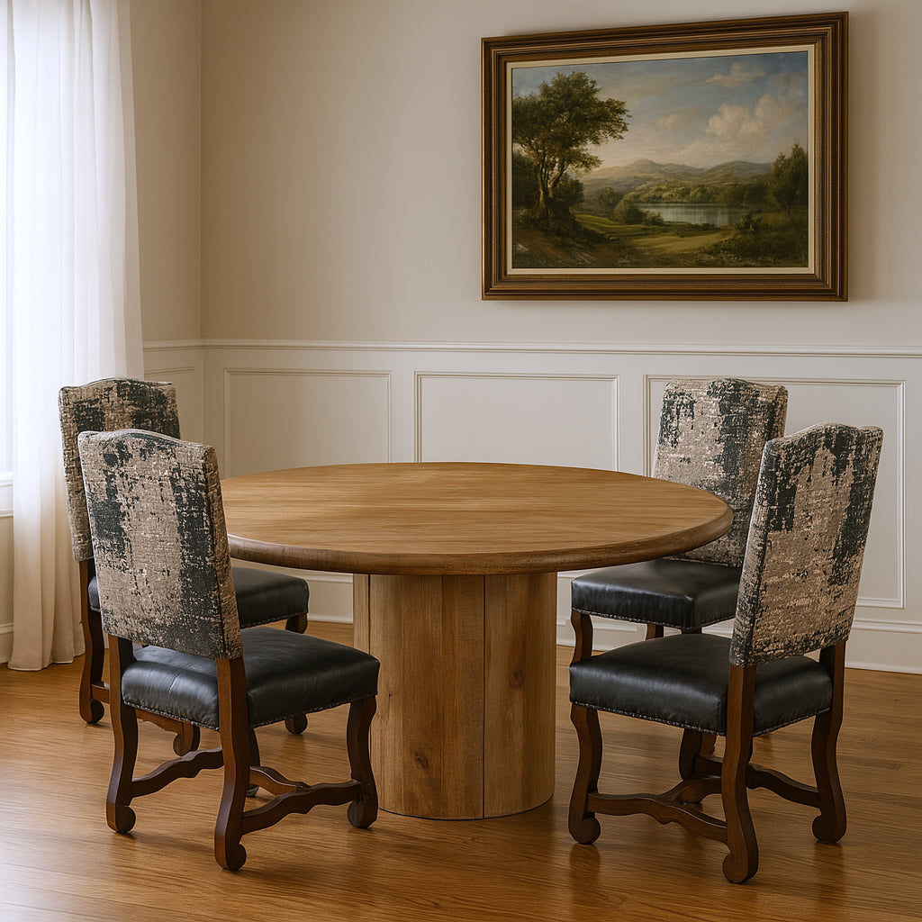Five Piece Brown Round Solid Wood Dining Set with Four Chairs-Dining Sets-DECOROLALA