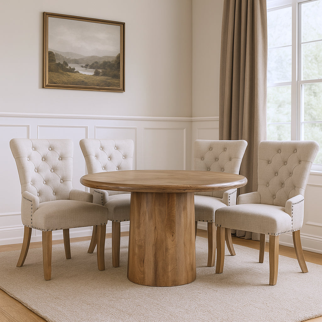 Five Piece Brown Round Solid Wood Dining Set with Four Chairs-Dining Sets-DECOROLALA