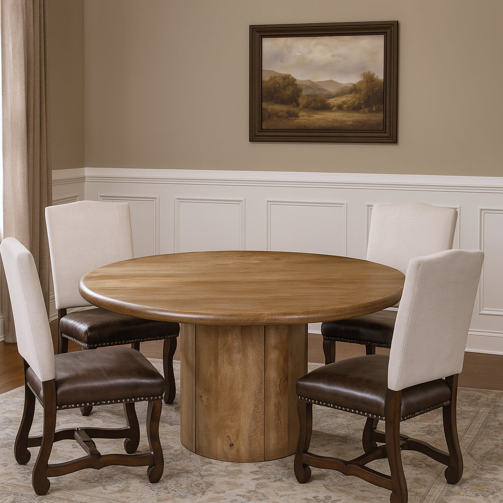 Five Piece Brown Round Solid Wood Dining Set with Four Chairs-Dining Sets-DECOROLALA