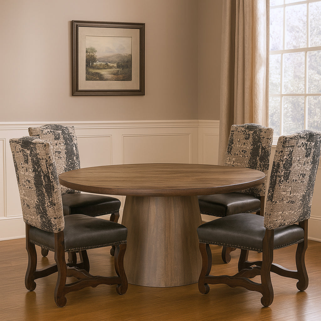 Five Piece Brown Round Solid Wood Dining Set with Four Chairs-Dining Sets-DECOROLALA