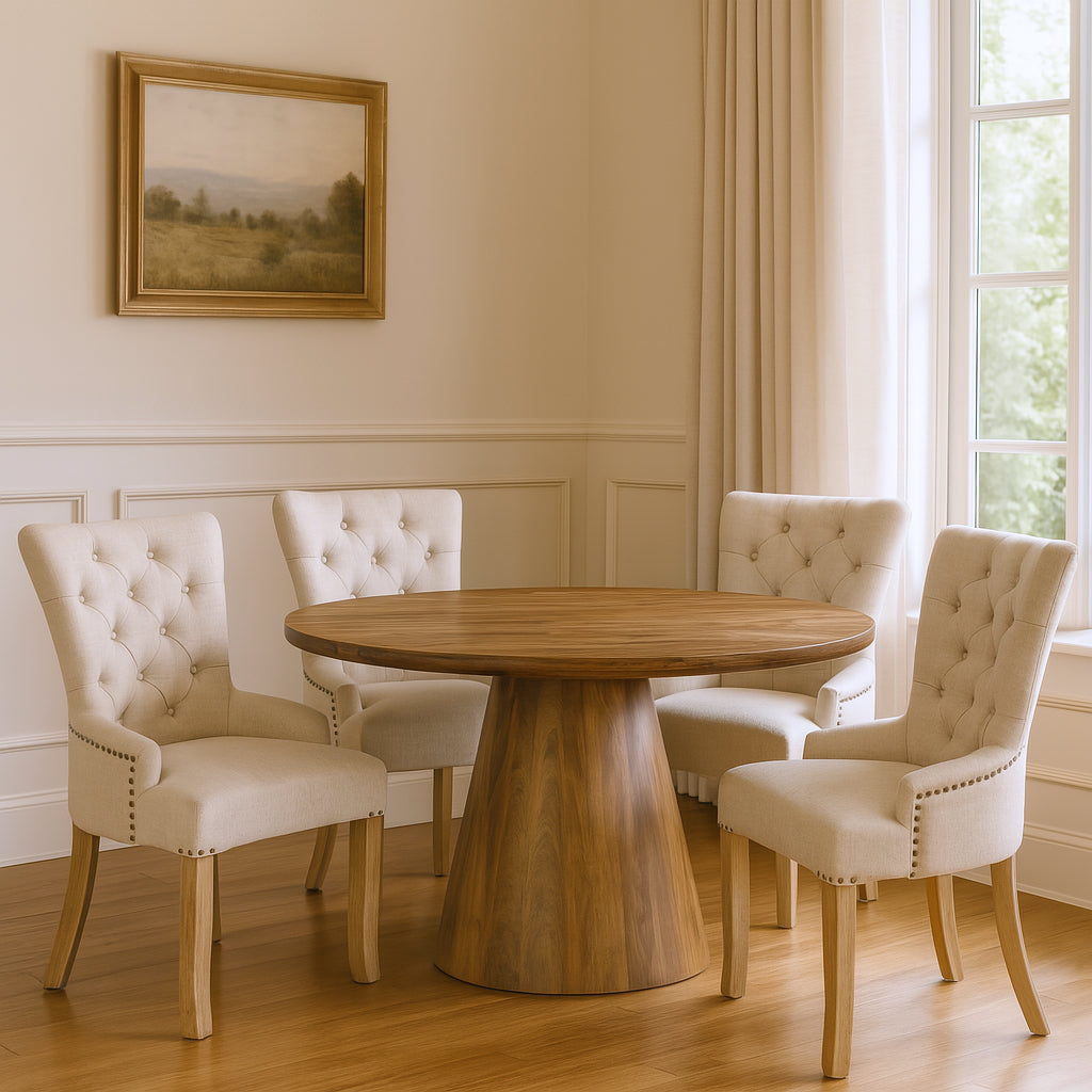 Five Piece Brown Round Solid Wood Dining Set with Four Chairs-Dining Sets-DECOROLALA
