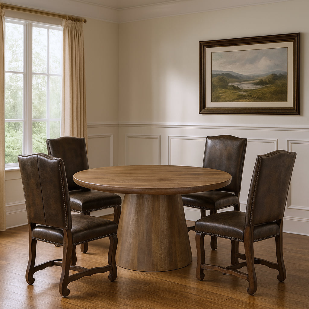 Five Piece Brown Round Solid Wood Dining Set with Four Chairs-Dining Sets-DECOROLALA
