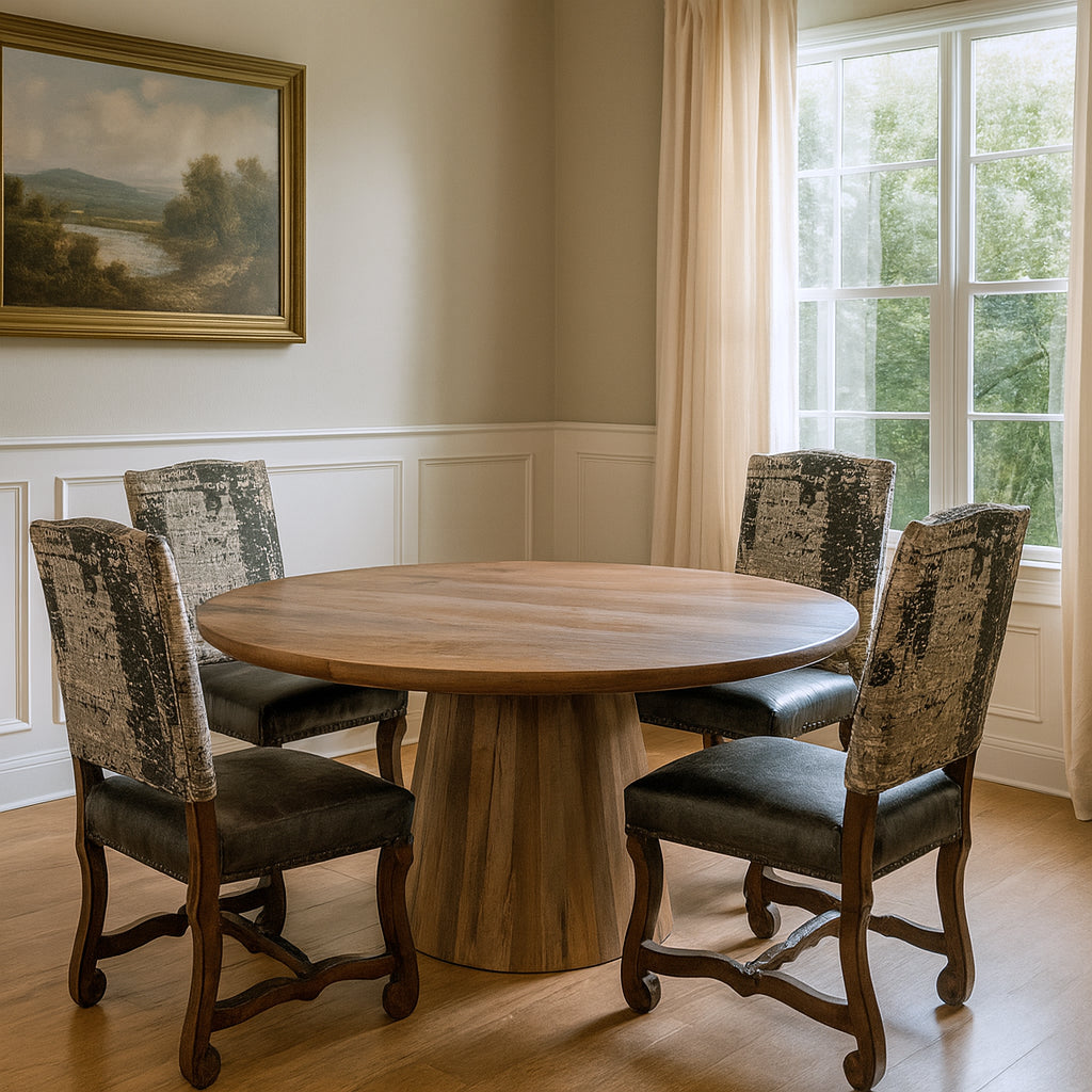 Five Piece Brown Round Solid Wood Dining Set with Four Chairs-Dining Sets-DECOROLALA