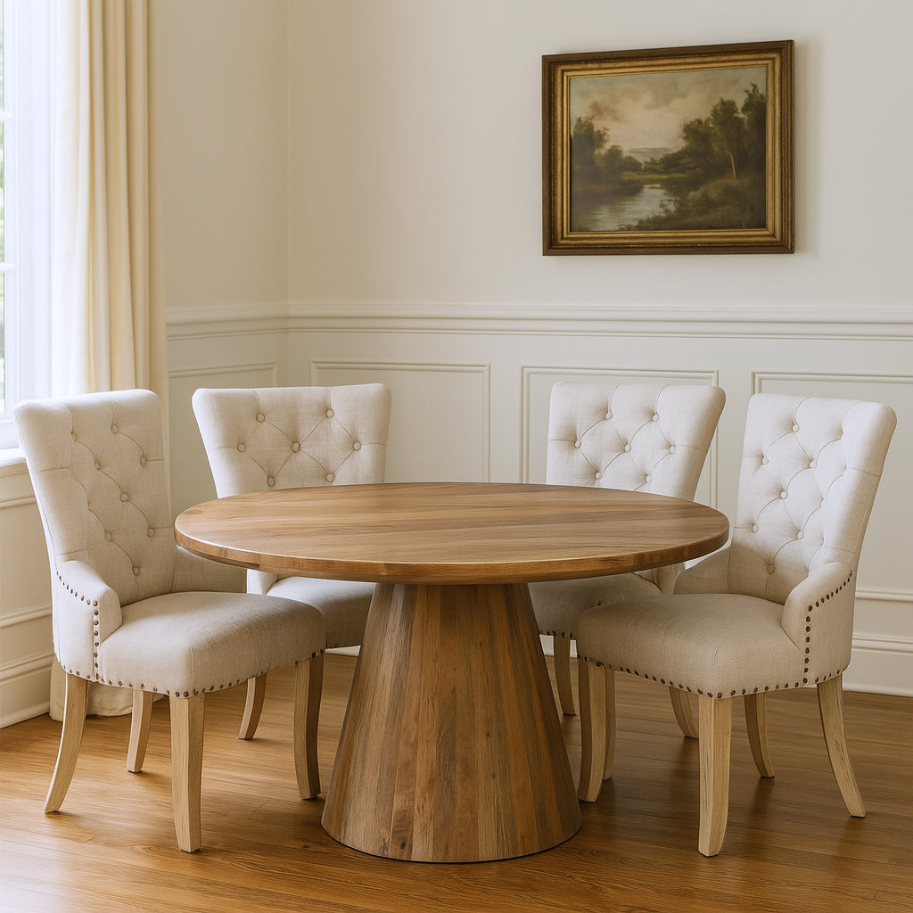Five Piece Brown Round Solid Wood Dining Set with Four Chairs-Dining Sets-DECOROLALA