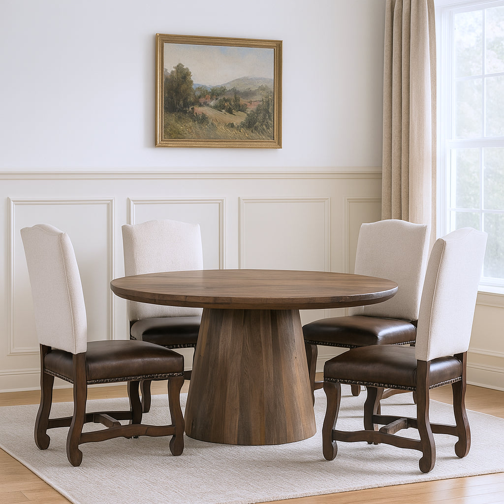 Five Piece Brown Round Solid Wood Dining Set with Four Chairs-Dining Sets-DECOROLALA