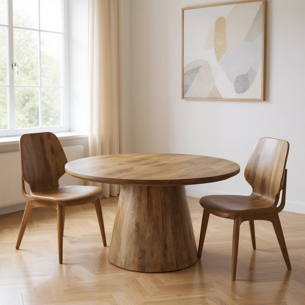 54" Brown Solid Wood Pedestal Base Round Top Dining Table-Dining Tables-DECOROLALA