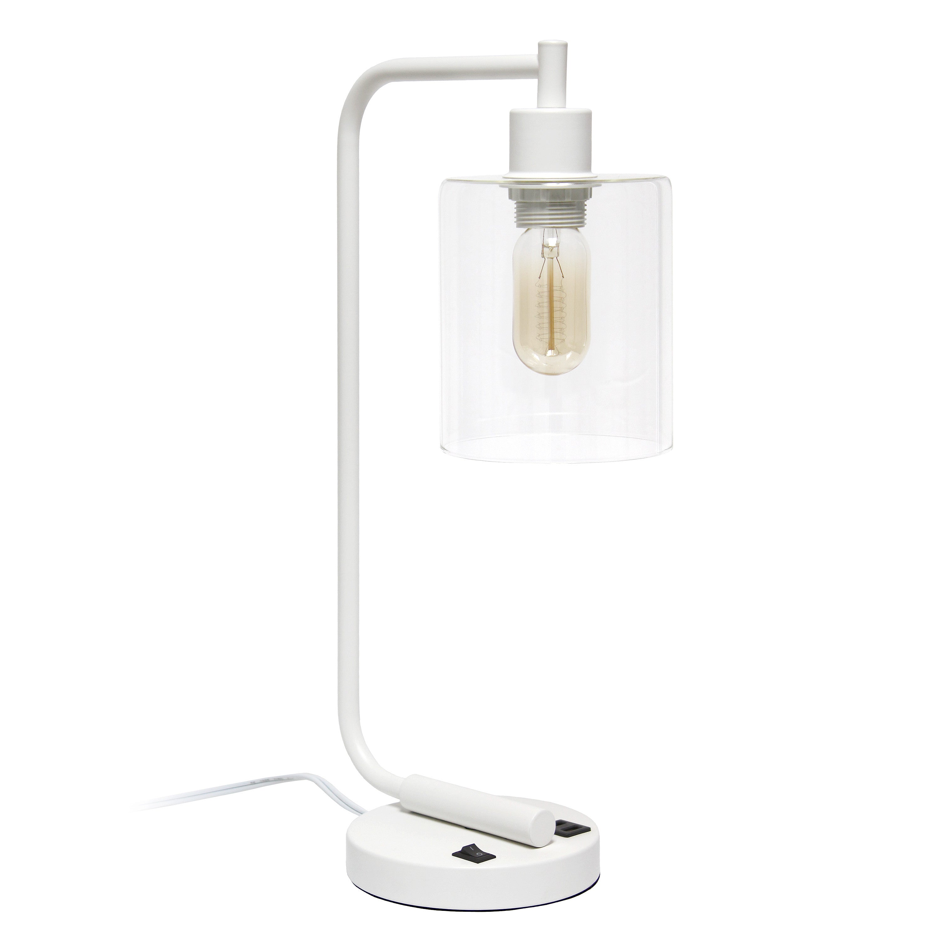 19" White Iron Lantern USB Table Lamp With Clear Cylinder Shade-Table Lamps-DECOROLALA