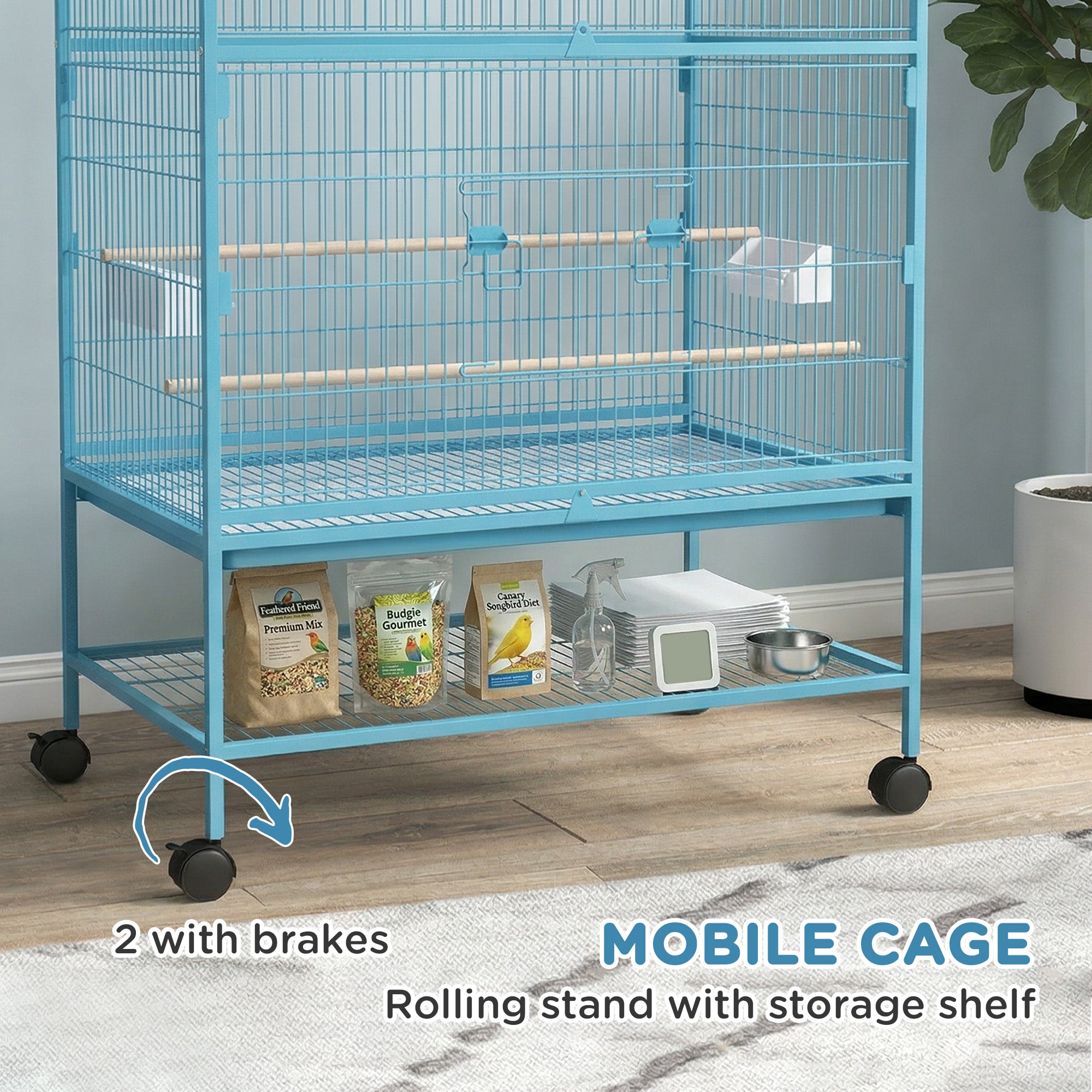 52'' Large Rolling Steel Bird Cage Bird House with Rolling Stand, Storage Shelf, Wood Perch, Food Container, Light Blue