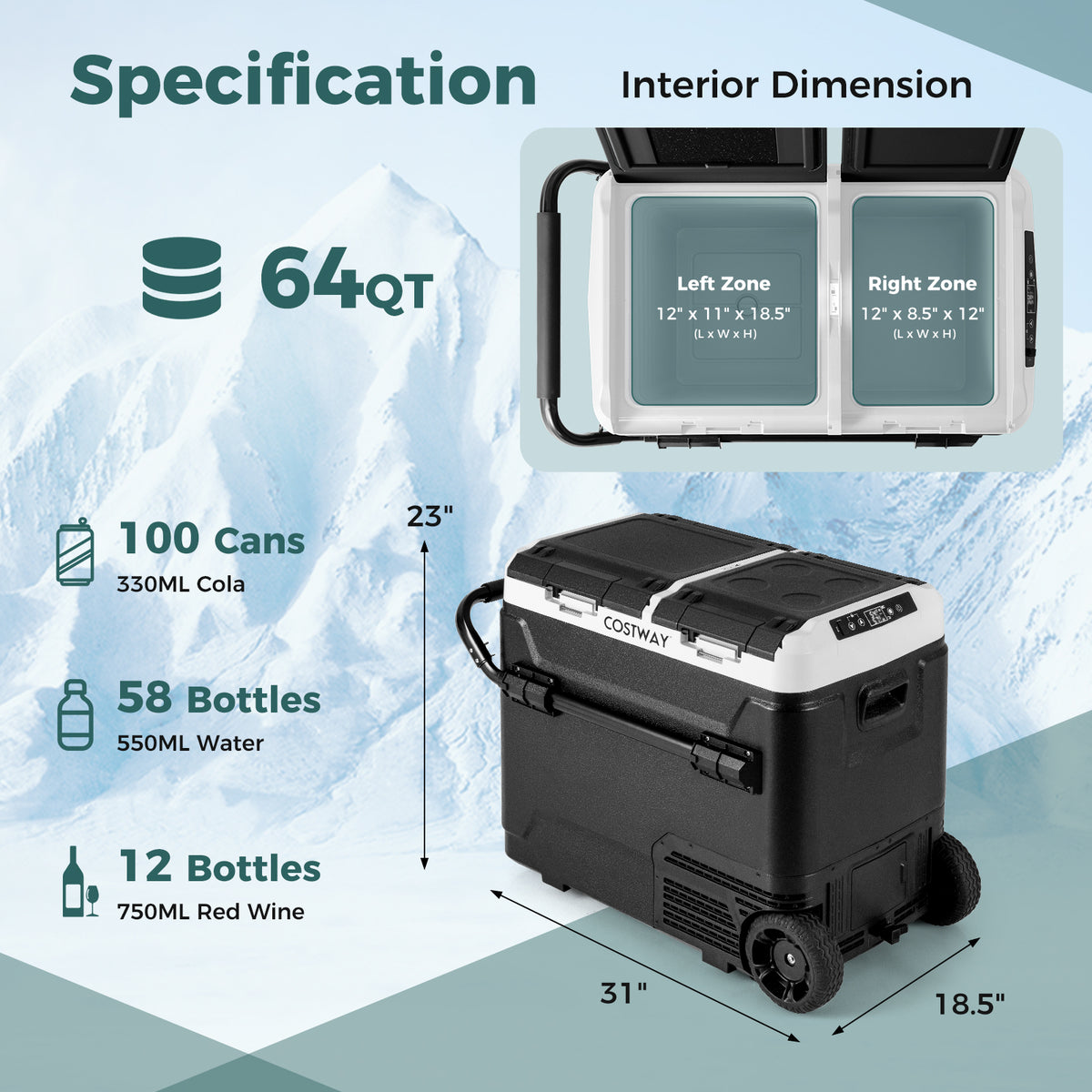 64QT Portable Compressor Fridge Freezer for Vehicles Camping Travel Truck RV Boat-Black-Coolers-DECOROLALA