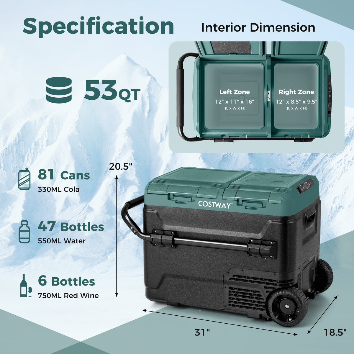 64QT Portable Compressor Fridge Freezer for Vehicles Camping Travel Truck RV Boat-Green-Coolers-DECOROLALA