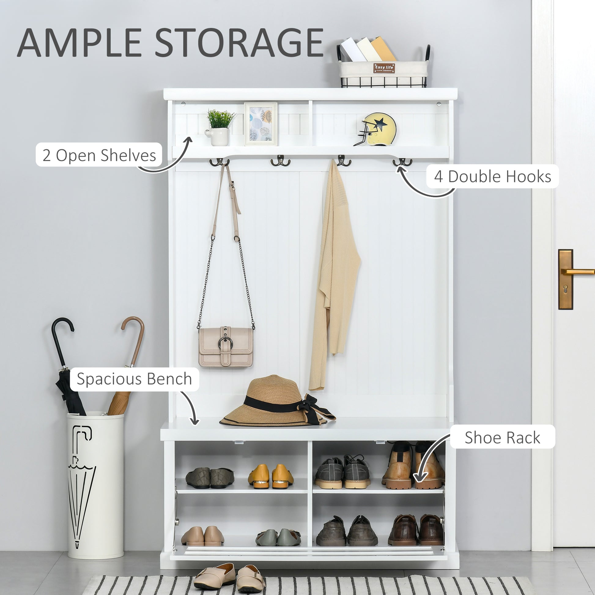 64.5" Hall Tree with Storage Bench & Shoe Cabinet - White-DECOROLALA