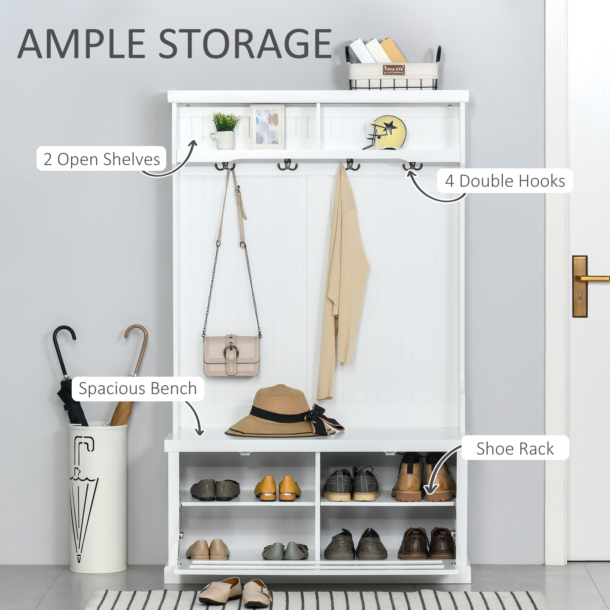 64.5" Hall Tree with Storage Bench & Shoe Cabinet - White-DECOROLALA