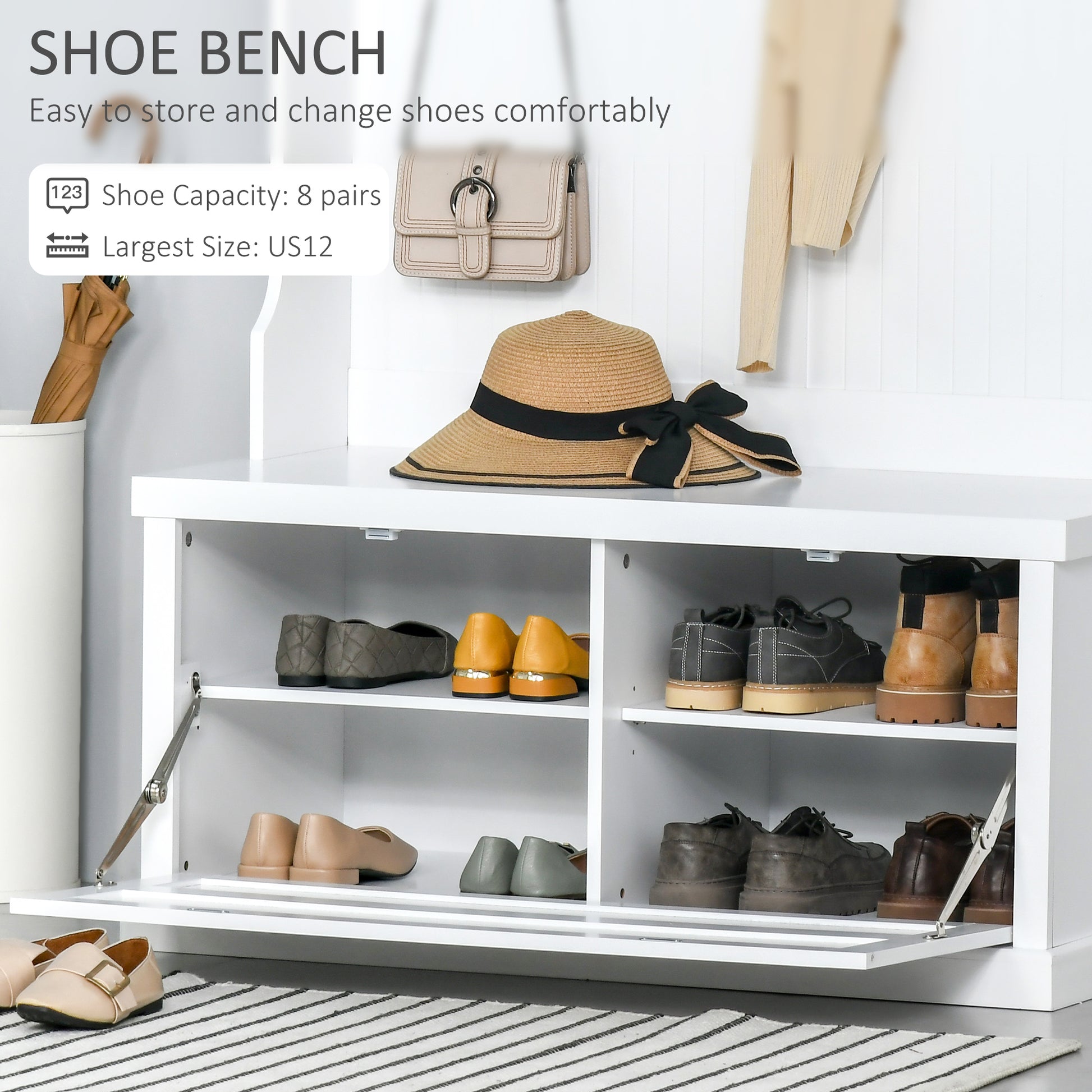 64.5" Hall Tree with Storage Bench & Shoe Cabinet - White-DECOROLALA