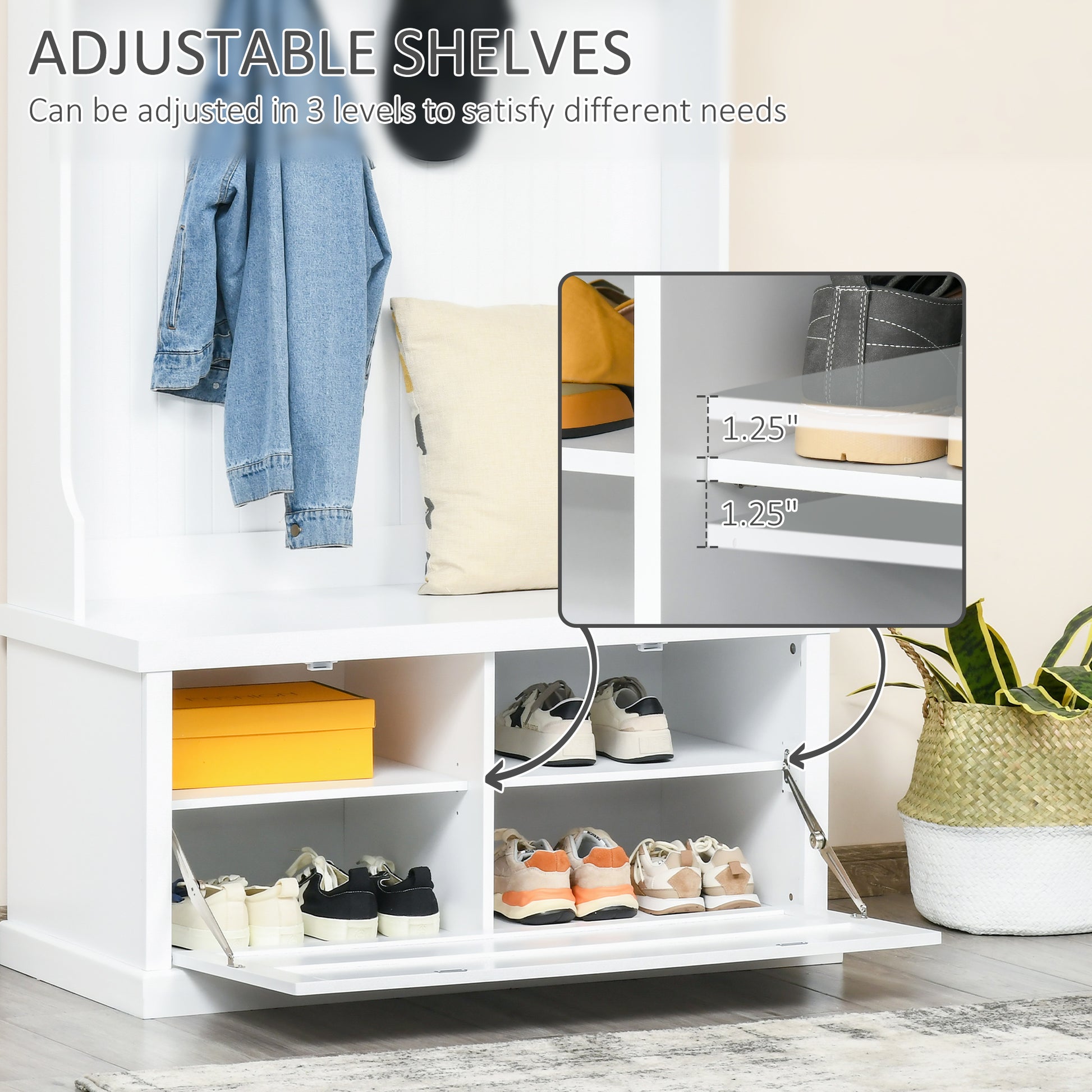 64.5" Hall Tree with Storage Bench & Shoe Cabinet - White-DECOROLALA