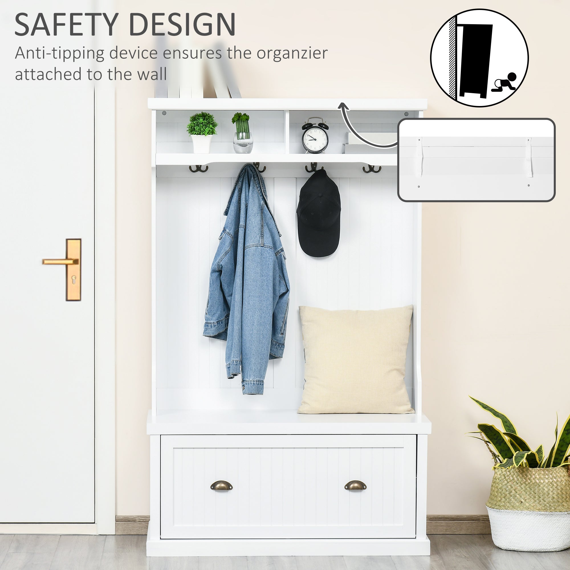 64.5" Hall Tree with Storage Bench & Shoe Cabinet - White-DECOROLALA
