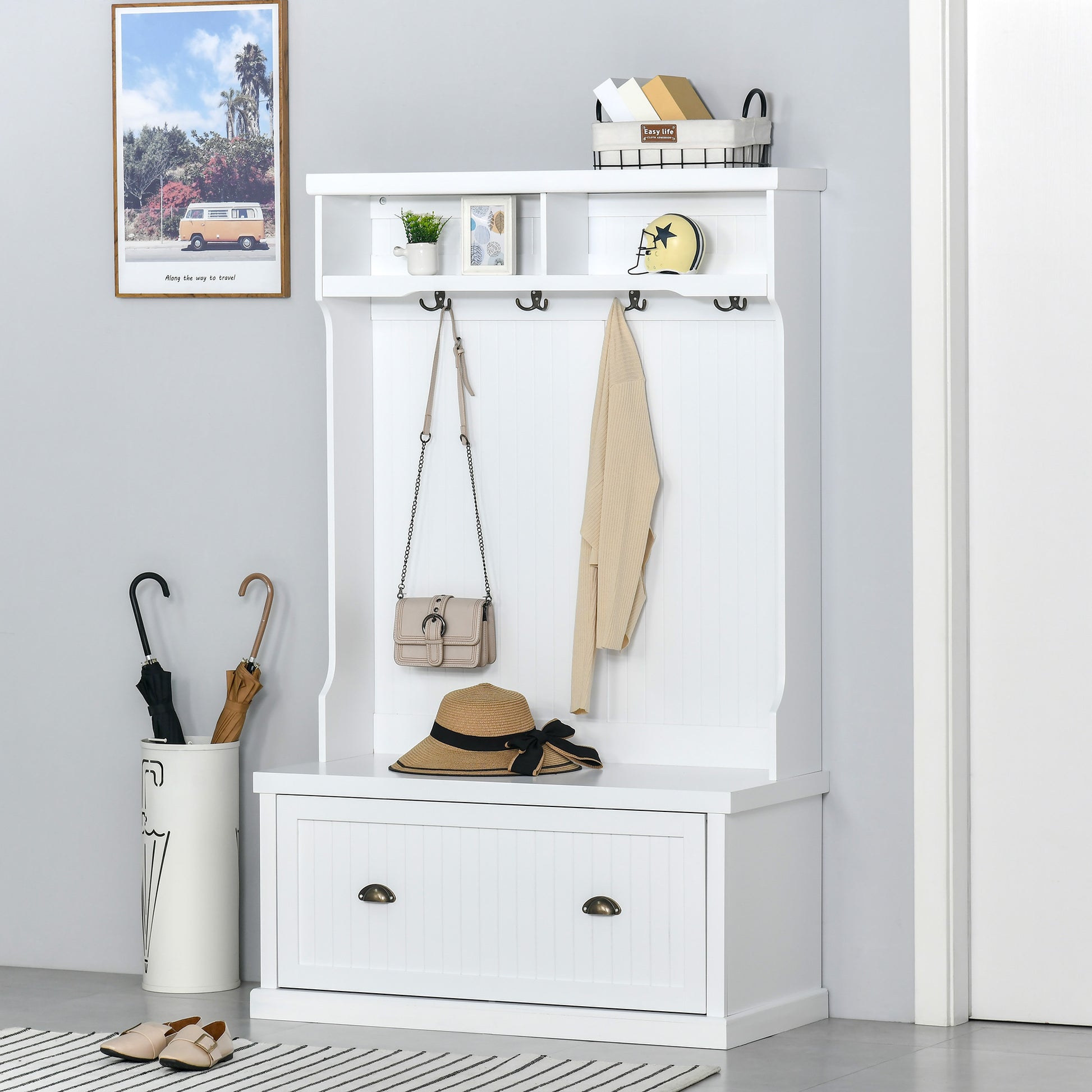 64.5" Hall Tree with Storage Bench & Shoe Cabinet - White-DECOROLALA