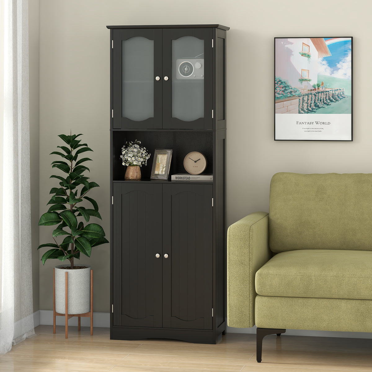 64.5" Tall Bathroom Storage Cabinet - Black Frost Glass Doors-Floor Cabinets-DECOROLALA