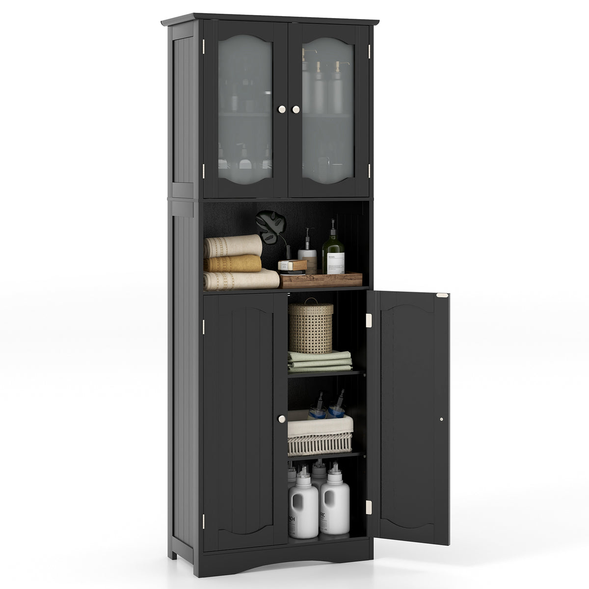 64.5" Tall Bathroom Storage Cabinet - Black Frost Glass Doors-Floor Cabinets-DECOROLALA