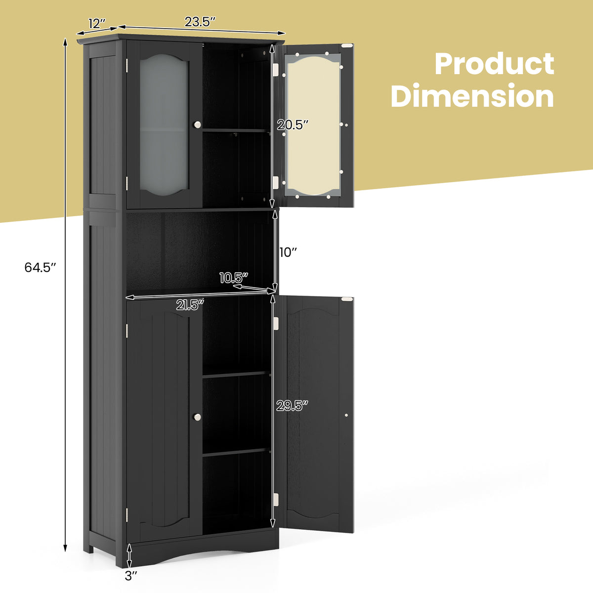 64.5" Tall Bathroom Storage Cabinet - Black Frost Glass Doors-Floor Cabinets-DECOROLALA