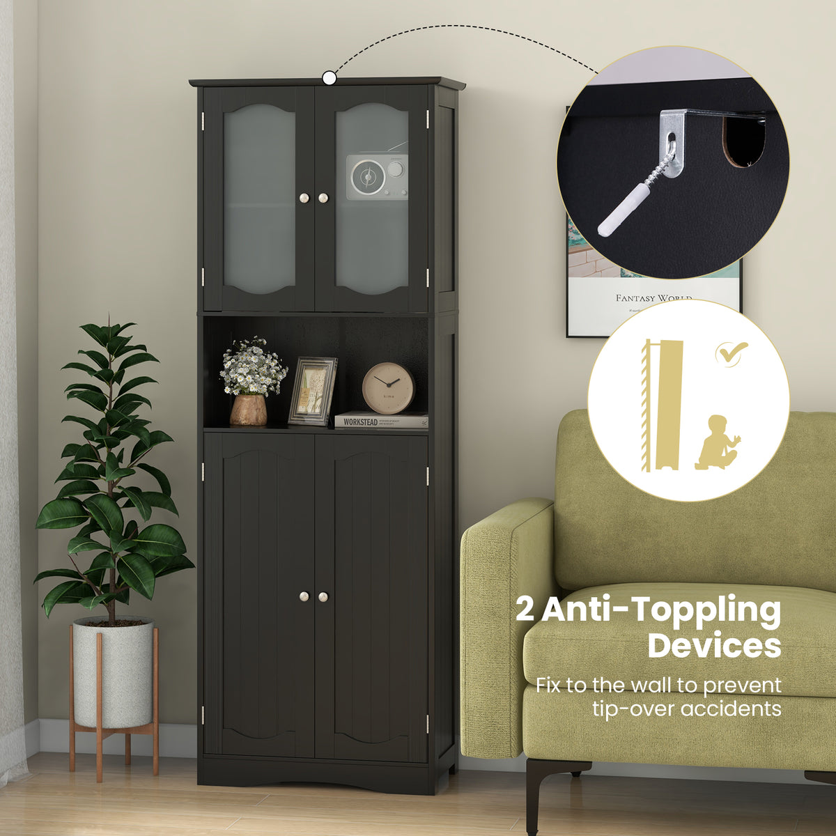 64.5" Tall Bathroom Storage Cabinet - Black Frost Glass Doors-Floor Cabinets-DECOROLALA