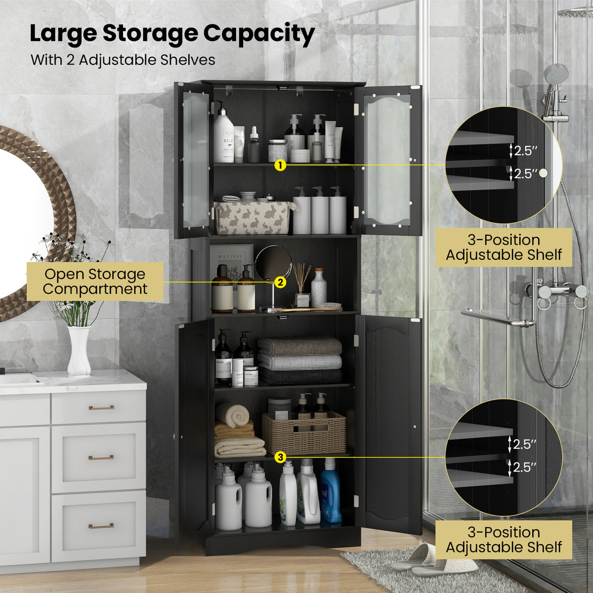 64.5" Tall Bathroom Storage Cabinet - Black Frost Glass Doors-Floor Cabinets-DECOROLALA