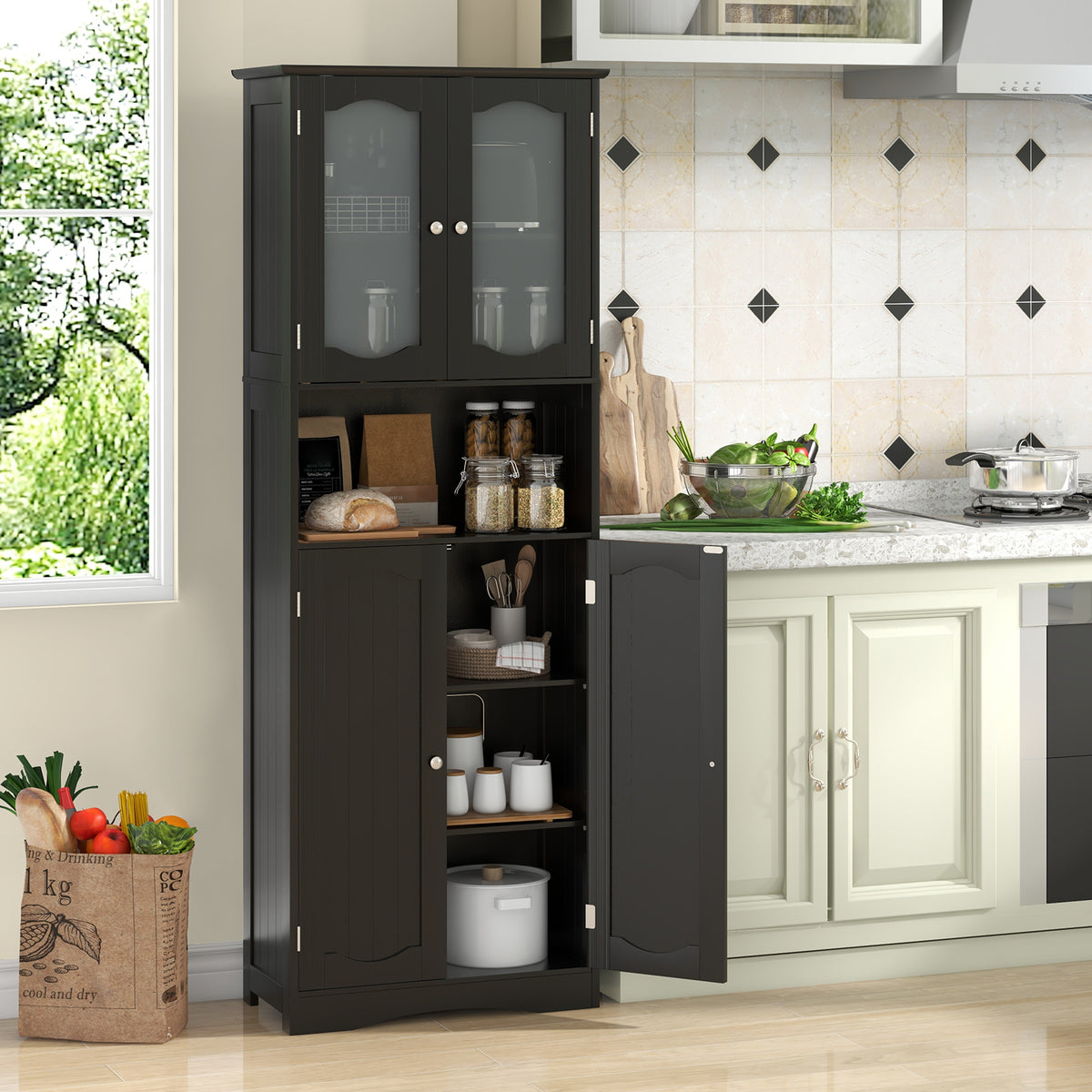64.5" Tall Bathroom Storage Cabinet - Black Frost Glass Doors-Floor Cabinets-DECOROLALA