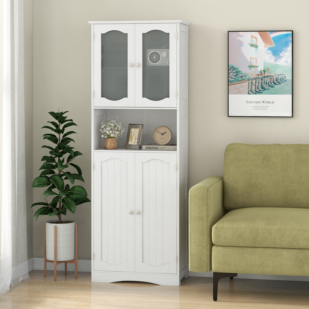 64.5" Tall Bathroom Storage Cabinet - White Frosted Glass Doors-Floor Cabinets-DECOROLALA
