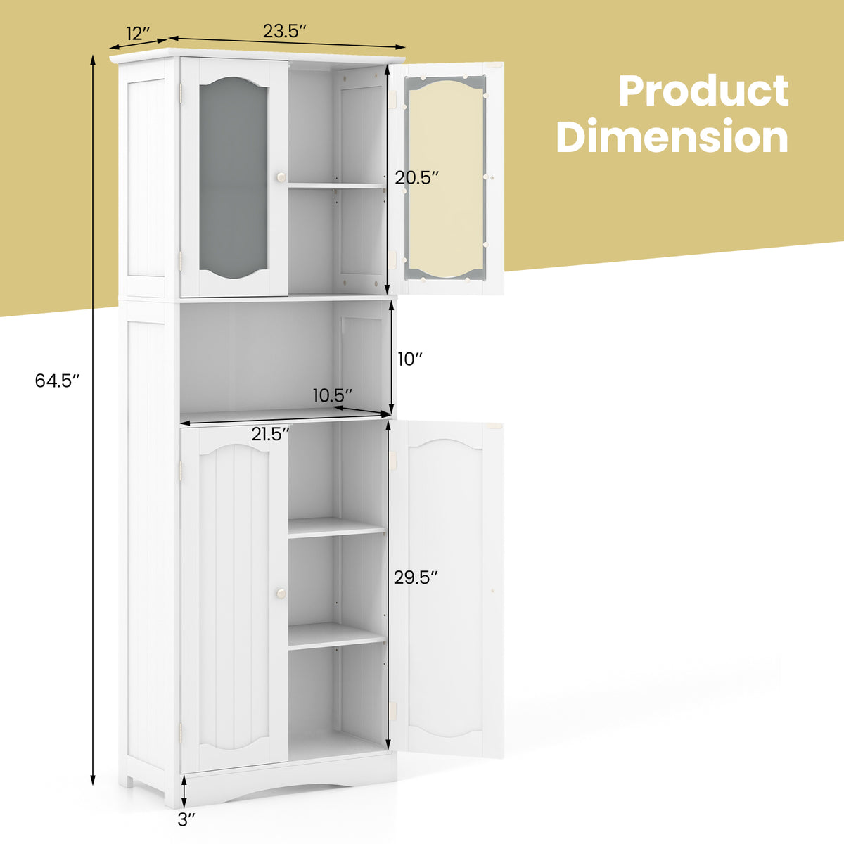 64.5" Tall Bathroom Storage Cabinet - White Frosted Glass Doors-Floor Cabinets-DECOROLALA