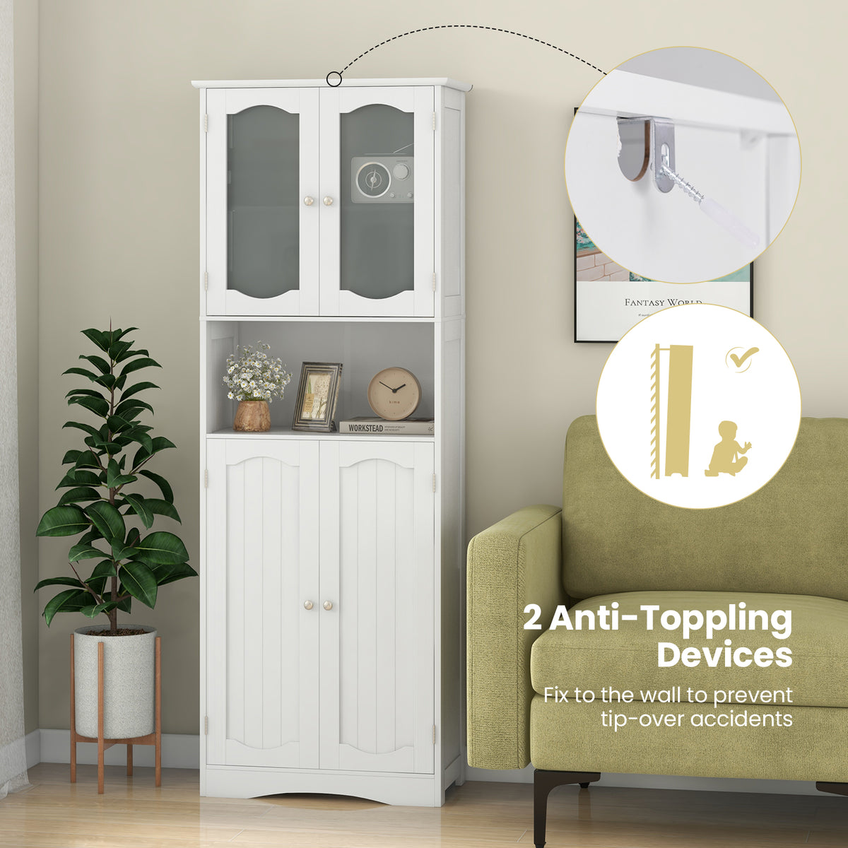 64.5" Tall Bathroom Storage Cabinet - White Frosted Glass Doors-Floor Cabinets-DECOROLALA