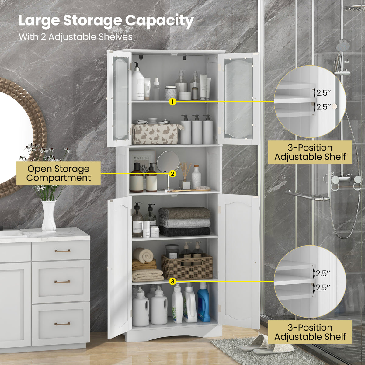 64.5" Tall Bathroom Storage Cabinet - White Frosted Glass Doors-Floor Cabinets-DECOROLALA