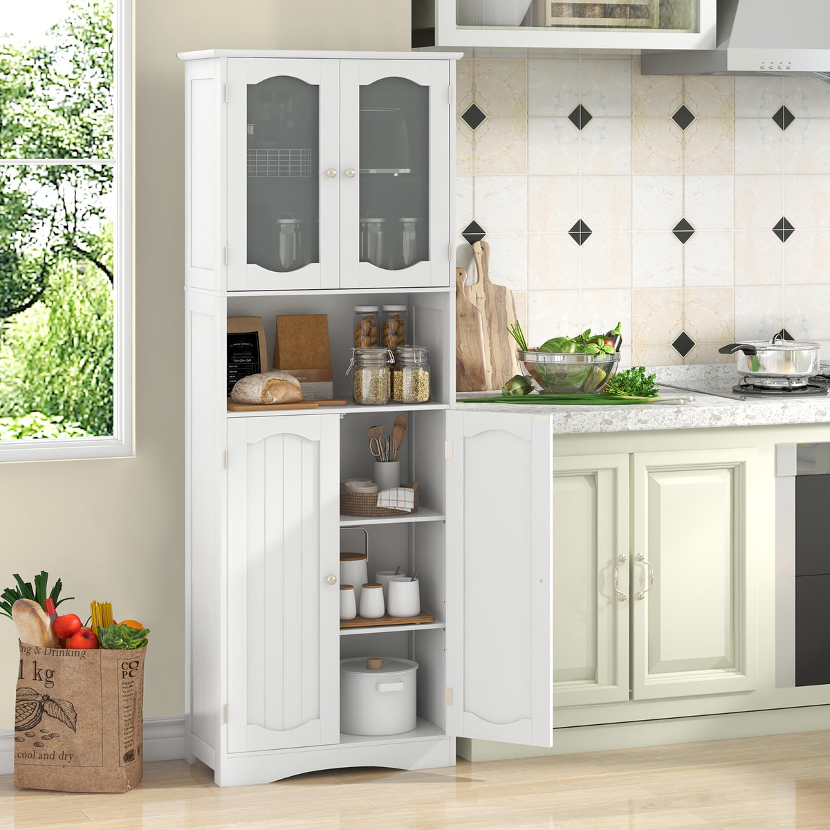 64.5" Tall Bathroom Storage Cabinet - White Frosted Glass Doors-Floor Cabinets-DECOROLALA