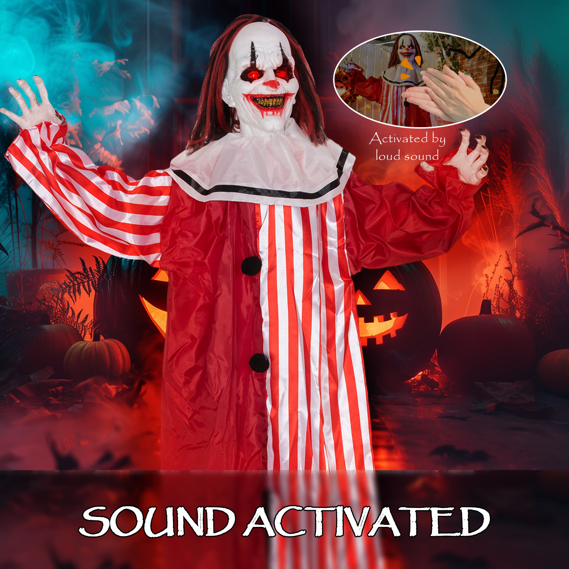 65" Animated Halloween Clown - Sound Activated & Light Up Eyes-Home Furnishings > Holiday & Seasonal > Halloween Decorations-DECOROLALA