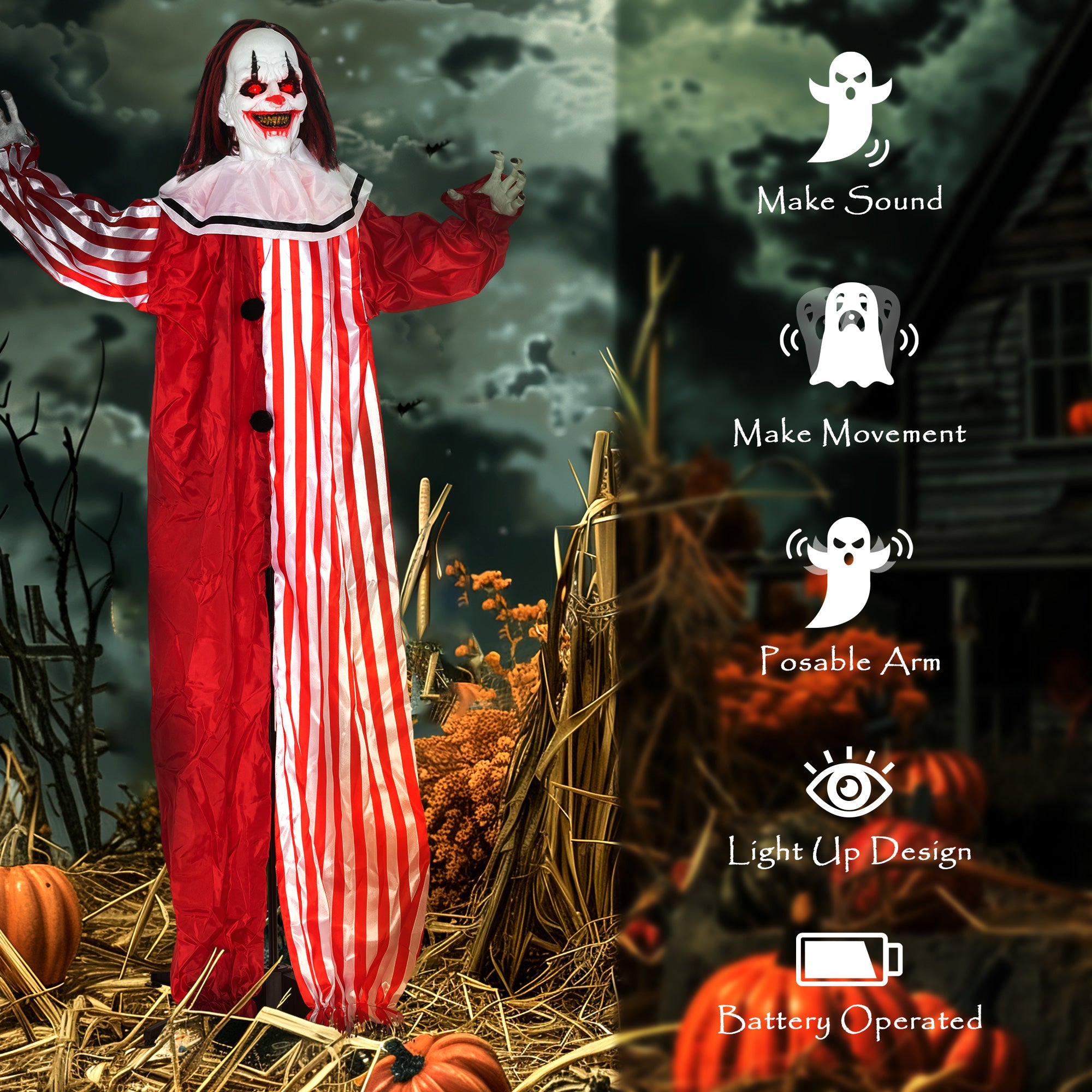 65" Animated Halloween Clown - Sound Activated & Light Up Eyes-Home Furnishings > Holiday & Seasonal > Halloween Decorations-DECOROLALA