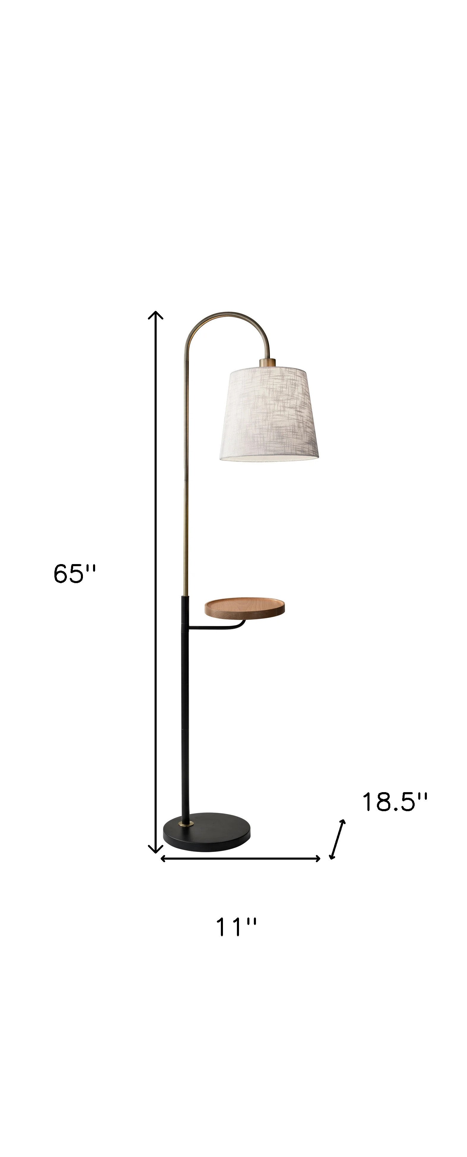65" Black And Brass Tray Table Floor Lamp With Off White Linen Empire Shade-Floor Lamps-DECOROLALA