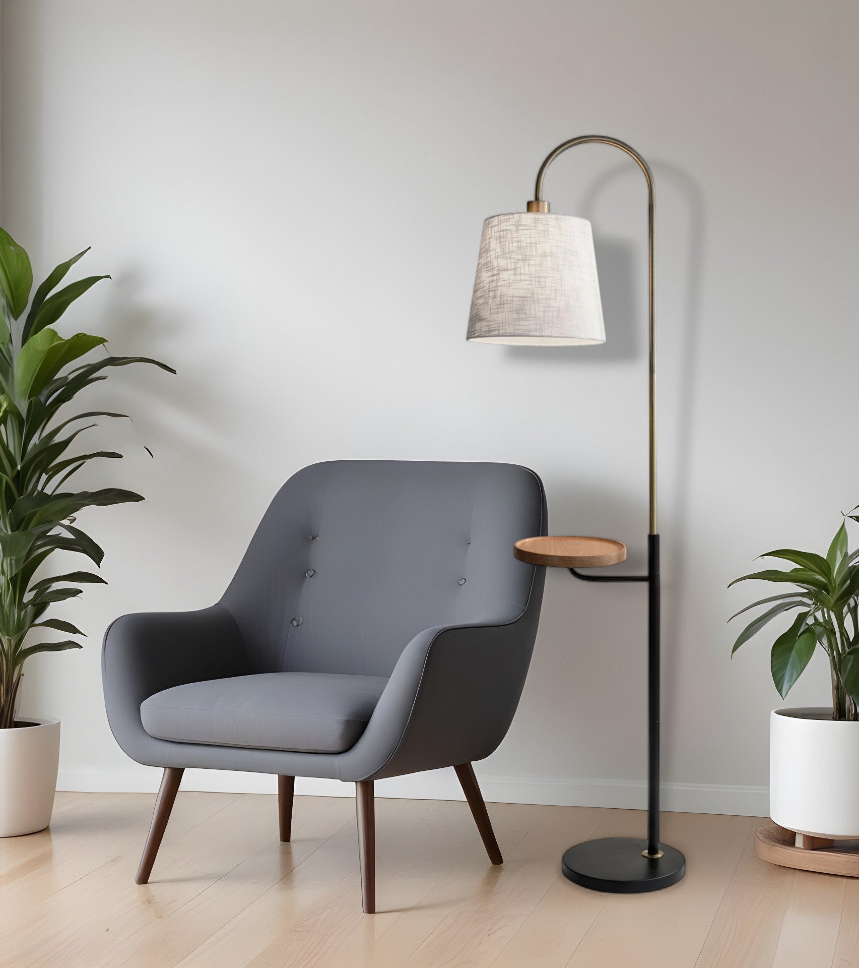 65" Black And Brass Tray Table Floor Lamp With Off White Linen Empire Shade-Floor Lamps-DECOROLALA