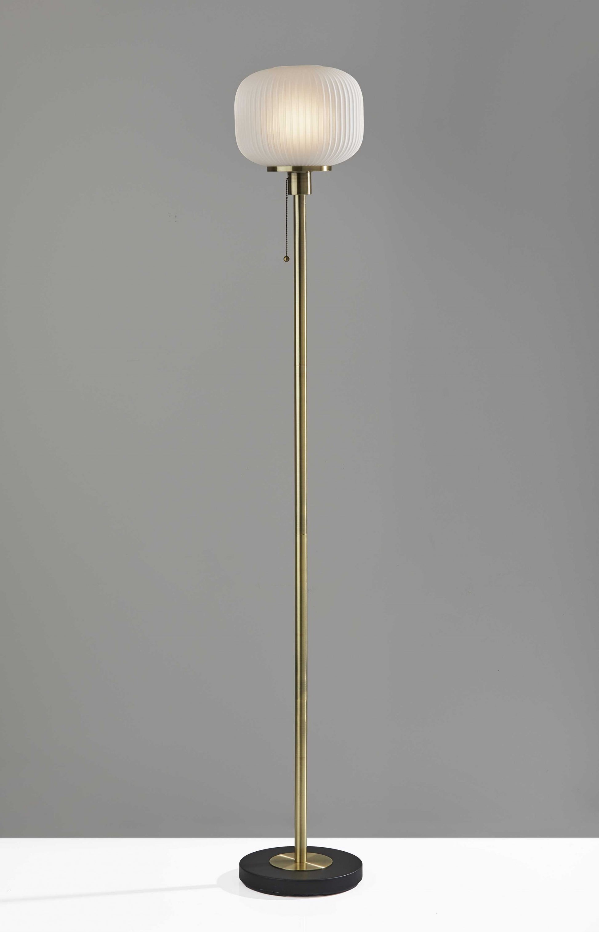 65" Brass Torchiere Floor Lamp With White Acrylic Globe Shade-Floor Lamps-DECOROLALA