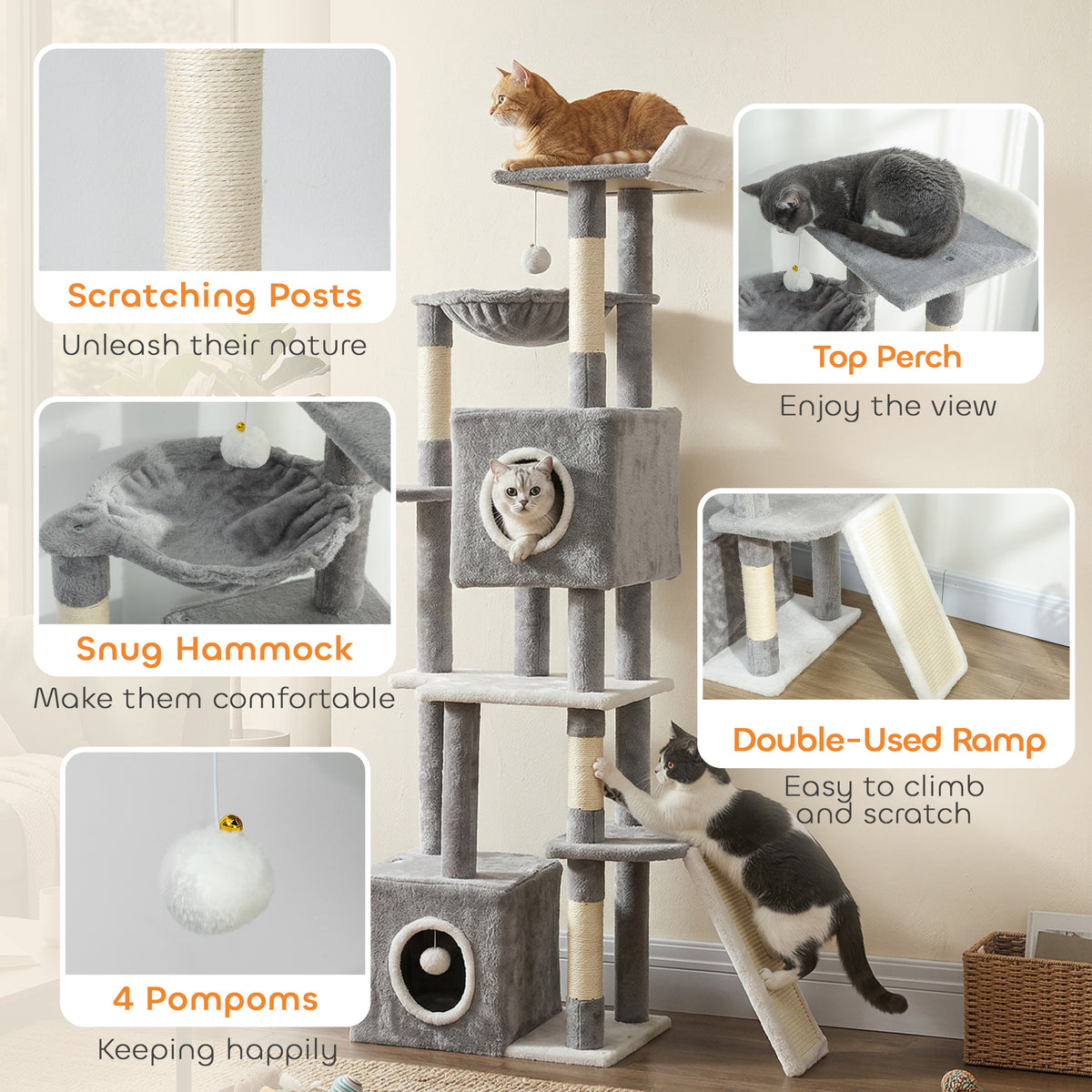 65" Cat Tree with 2 Condos, Hammock & Sisal Posts - Grey-Cats-DECOROLALA