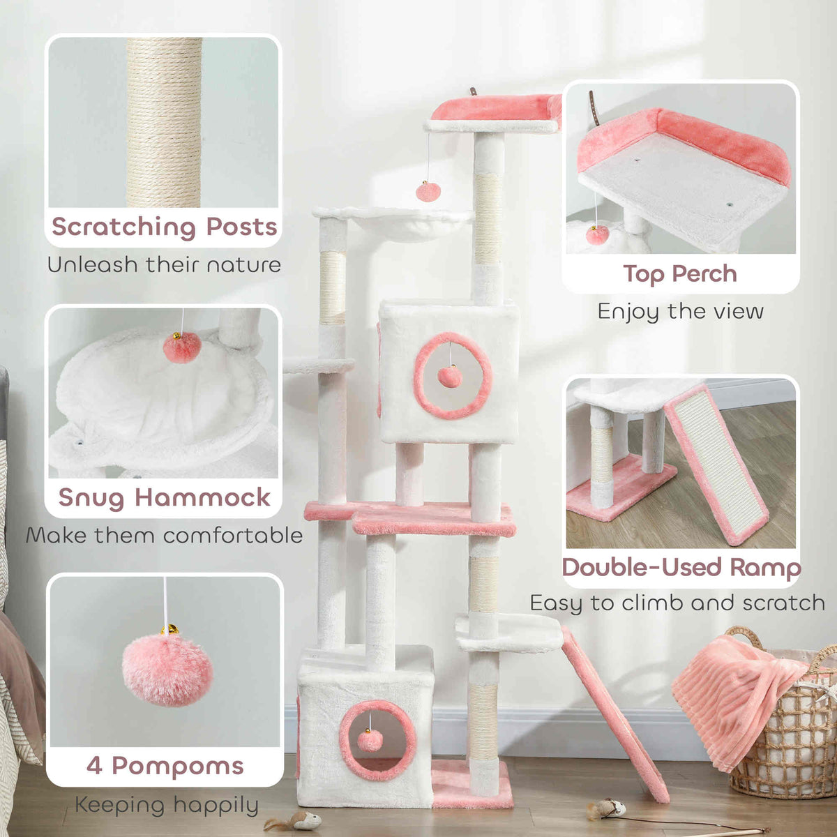 65" Cat Tree with Dual Condos, Hammock & Scratching Posts - White-Cats-DECOROLALA
