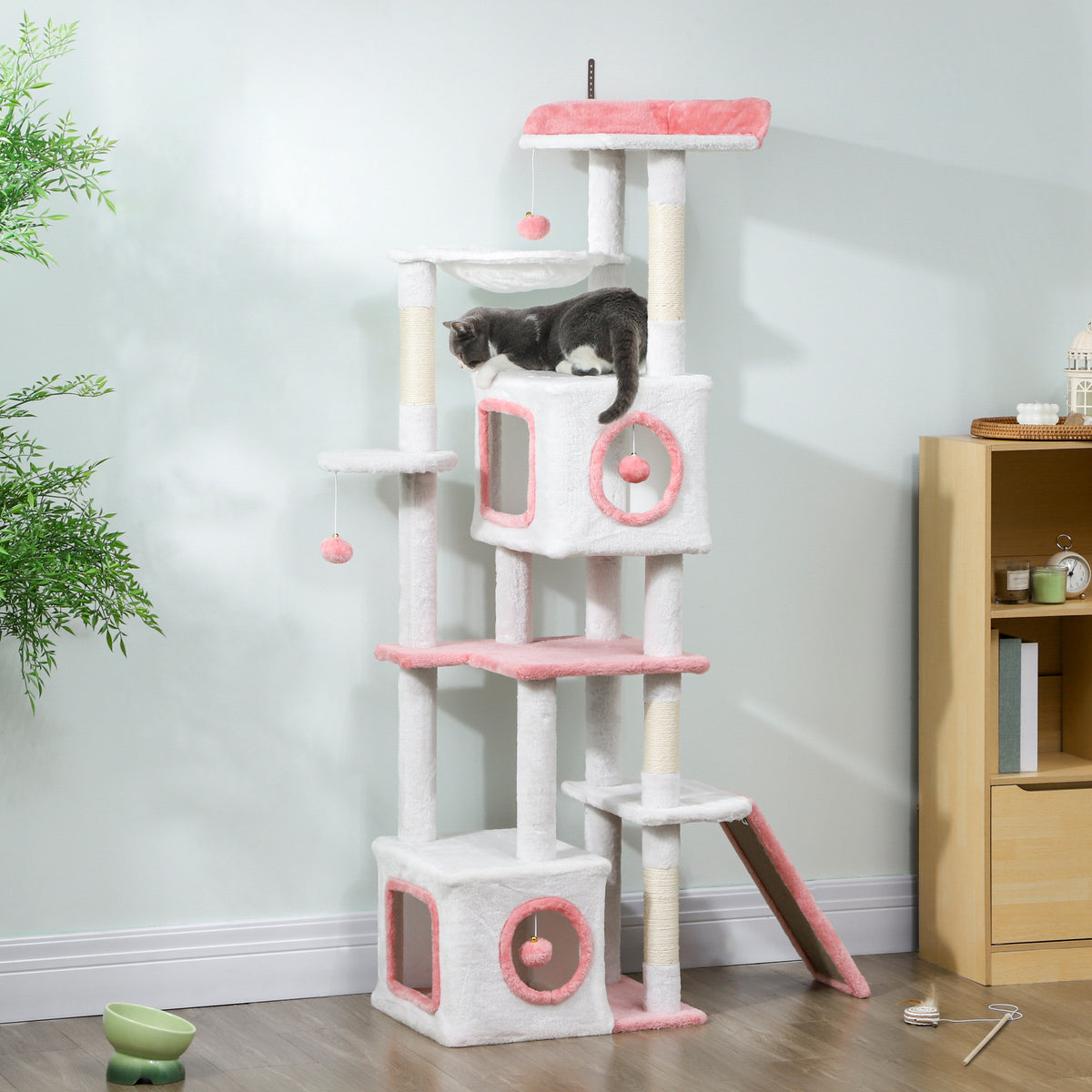65" Cat Tree with Dual Condos, Hammock & Scratching Posts - White-Cats-DECOROLALA