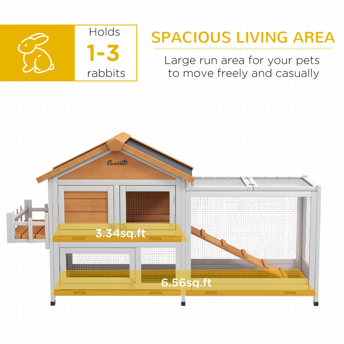 65" Fir Wood Rabbit Hutch with Storage Box and Playpen - Yellow-Small Animals-DECOROLALA