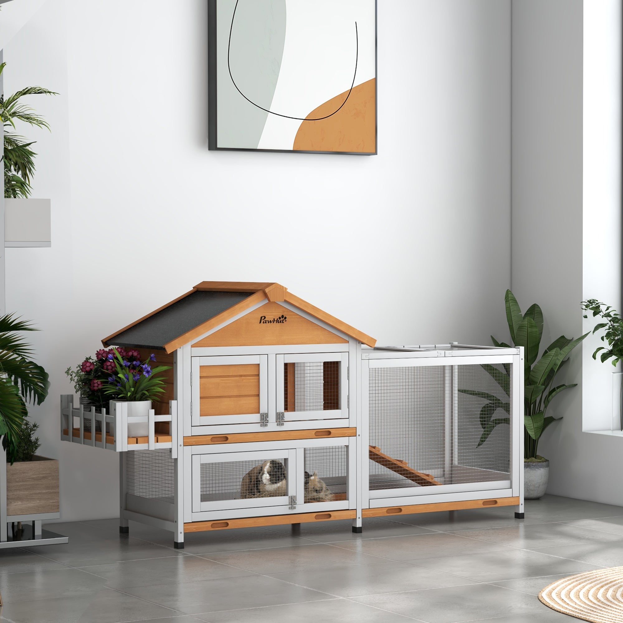 65" Fir Wood Rabbit Hutch with Storage Box and Playpen - Yellow-Small Animals-DECOROLALA