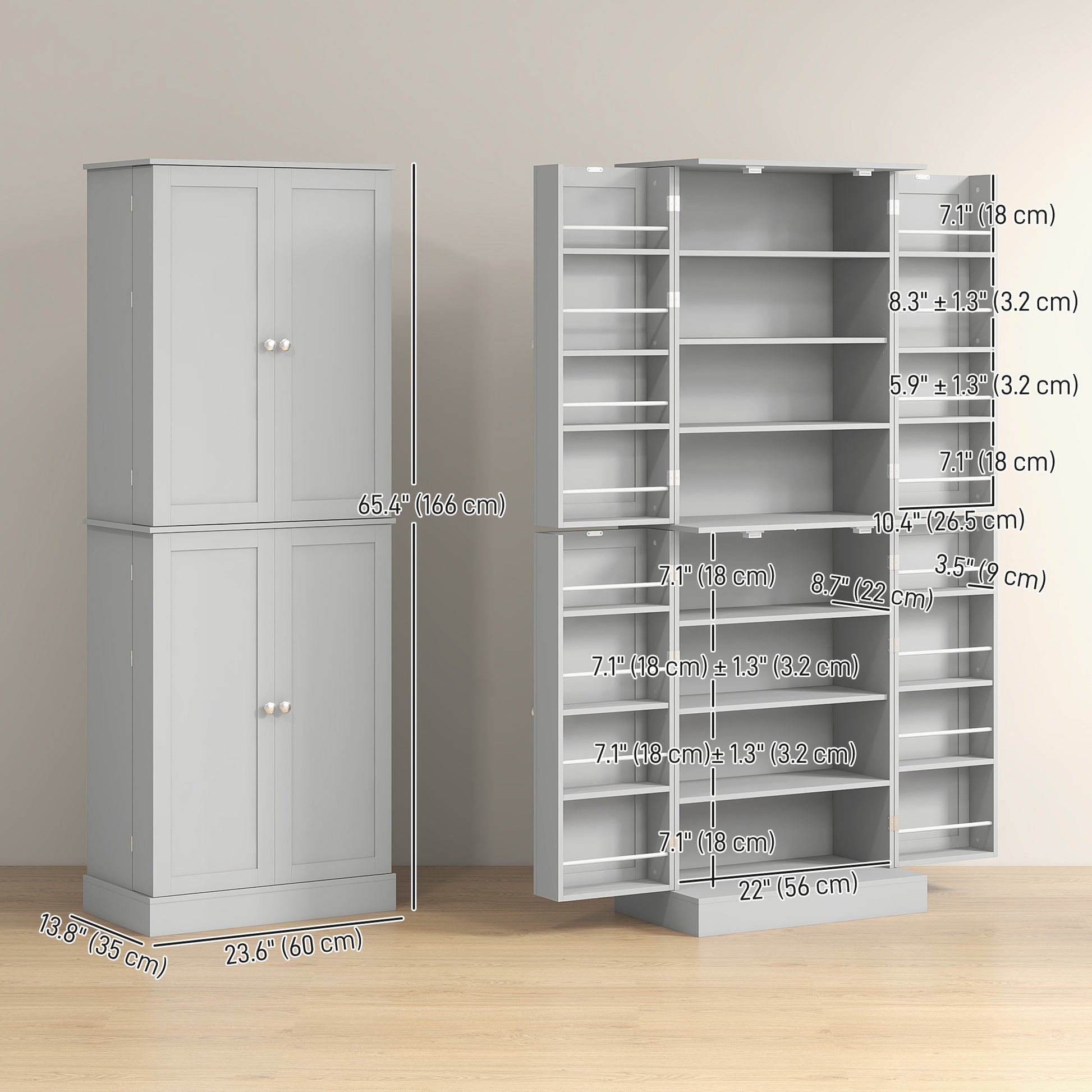 65" Grey Kitchen Pantry Cabinet with 4 Doors & 16 Shelves-DECOROLALA