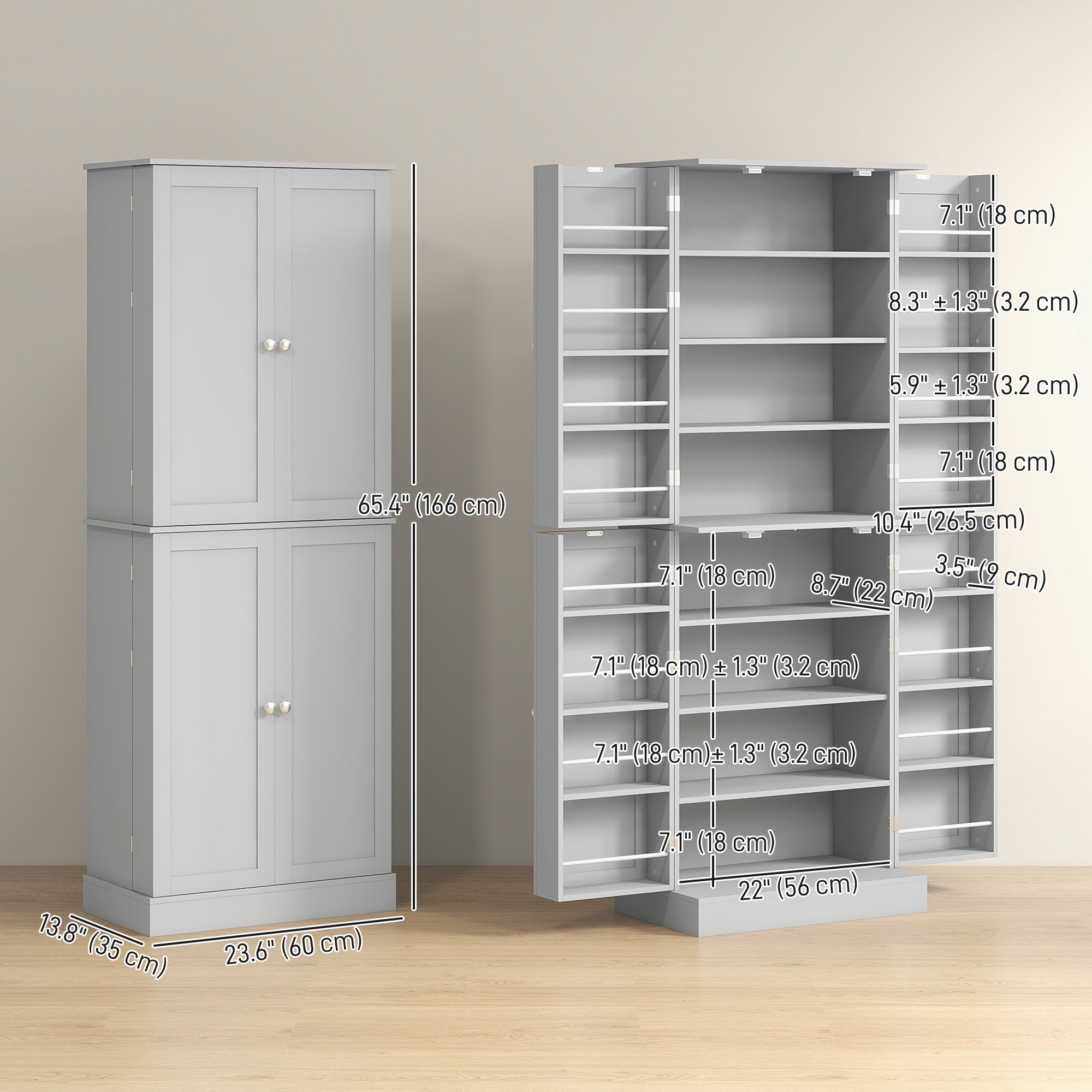 65" Grey Kitchen Pantry Cabinet with 4 Doors & 16 Shelves-DECOROLALA