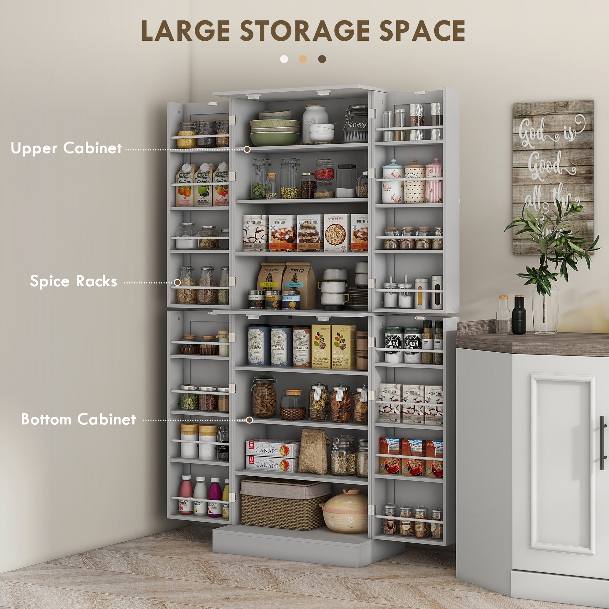 65" Grey Kitchen Pantry Cabinet with 4 Doors & 16 Shelves-DECOROLALA