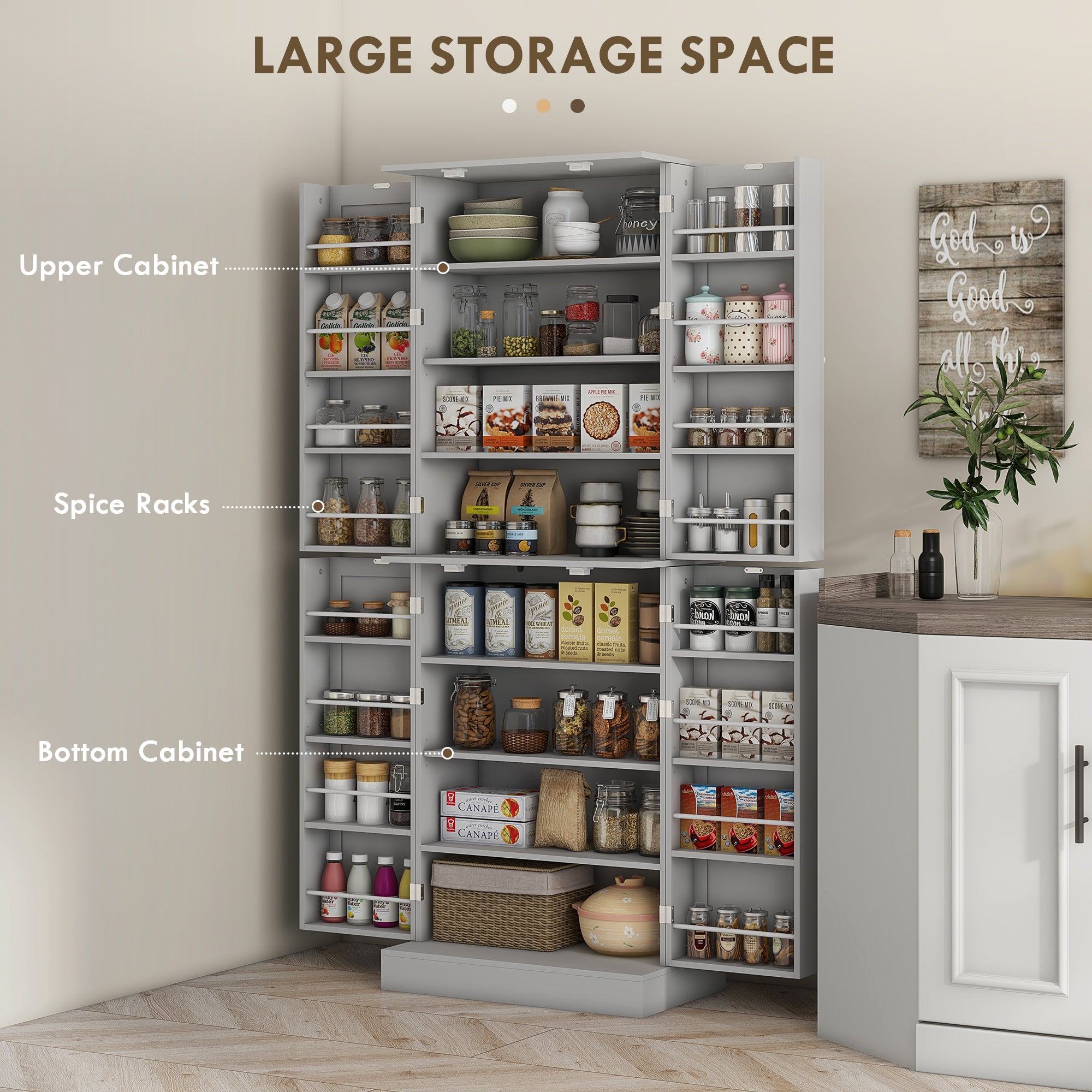 65" Grey Kitchen Pantry Cabinet with 4 Doors & 16 Shelves-DECOROLALA
