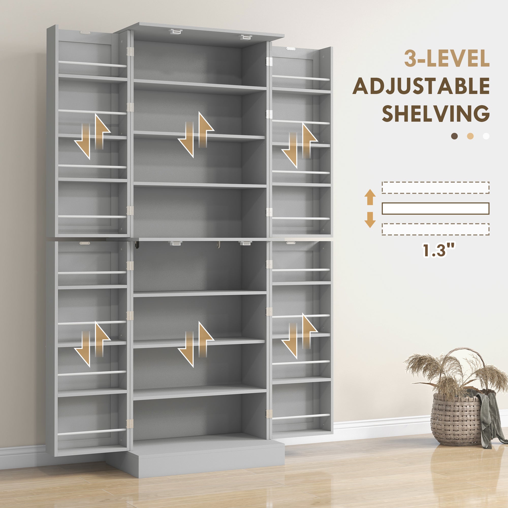 65" Grey Kitchen Pantry Cabinet with 4 Doors & 16 Shelves-DECOROLALA