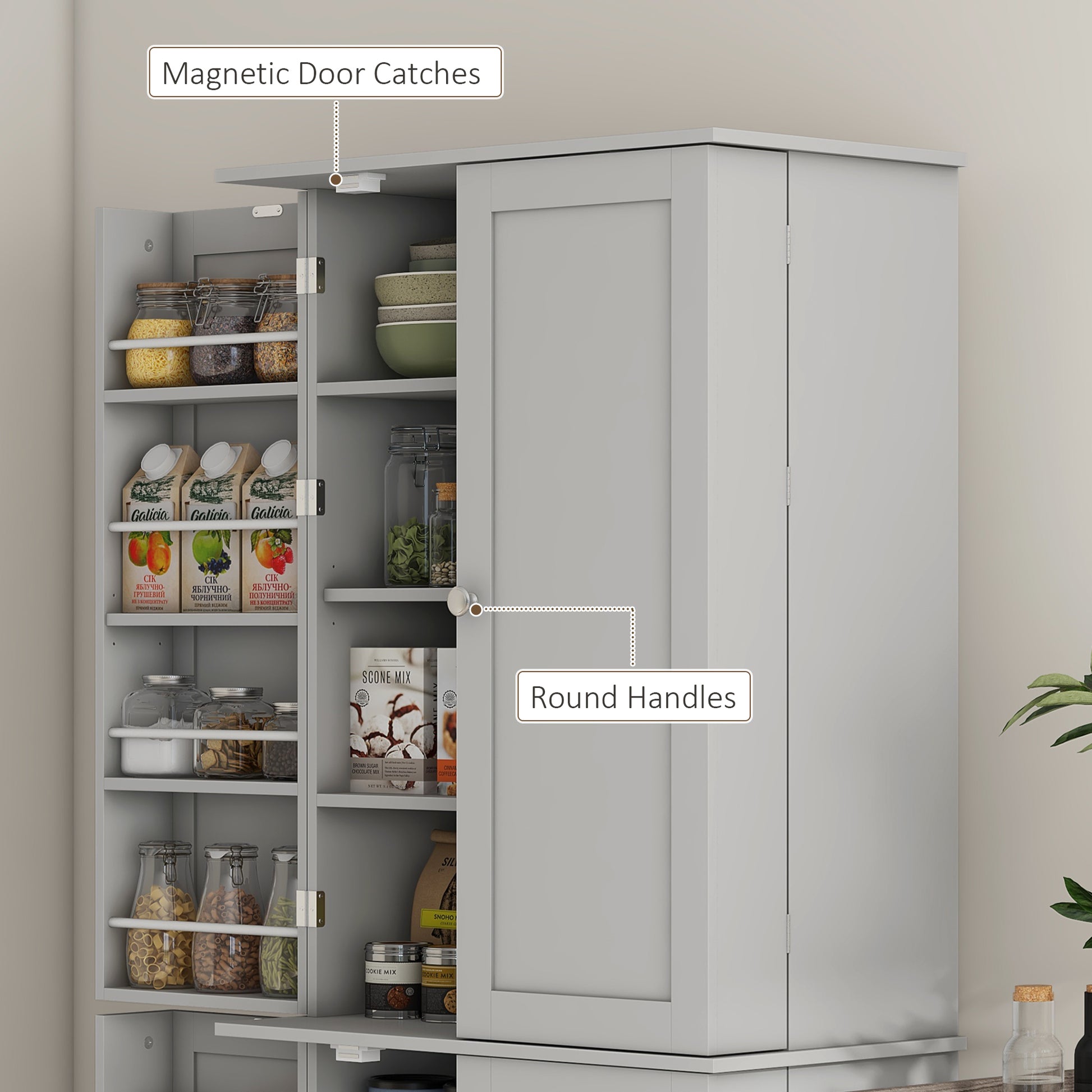 65" Grey Kitchen Pantry Cabinet with 4 Doors & 16 Shelves-DECOROLALA