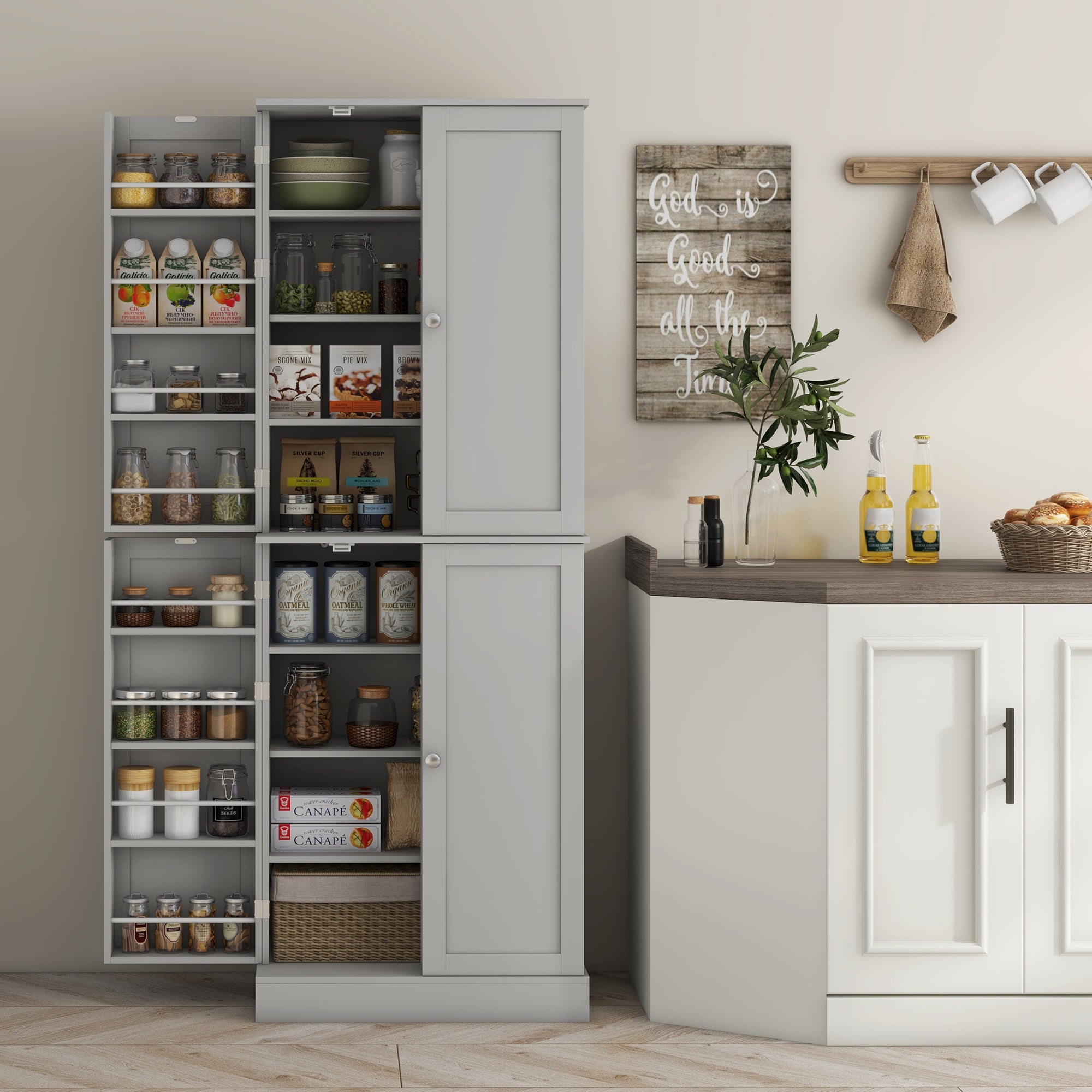 65" Grey Kitchen Pantry Cabinet with 4 Doors & 16 Shelves-DECOROLALA
