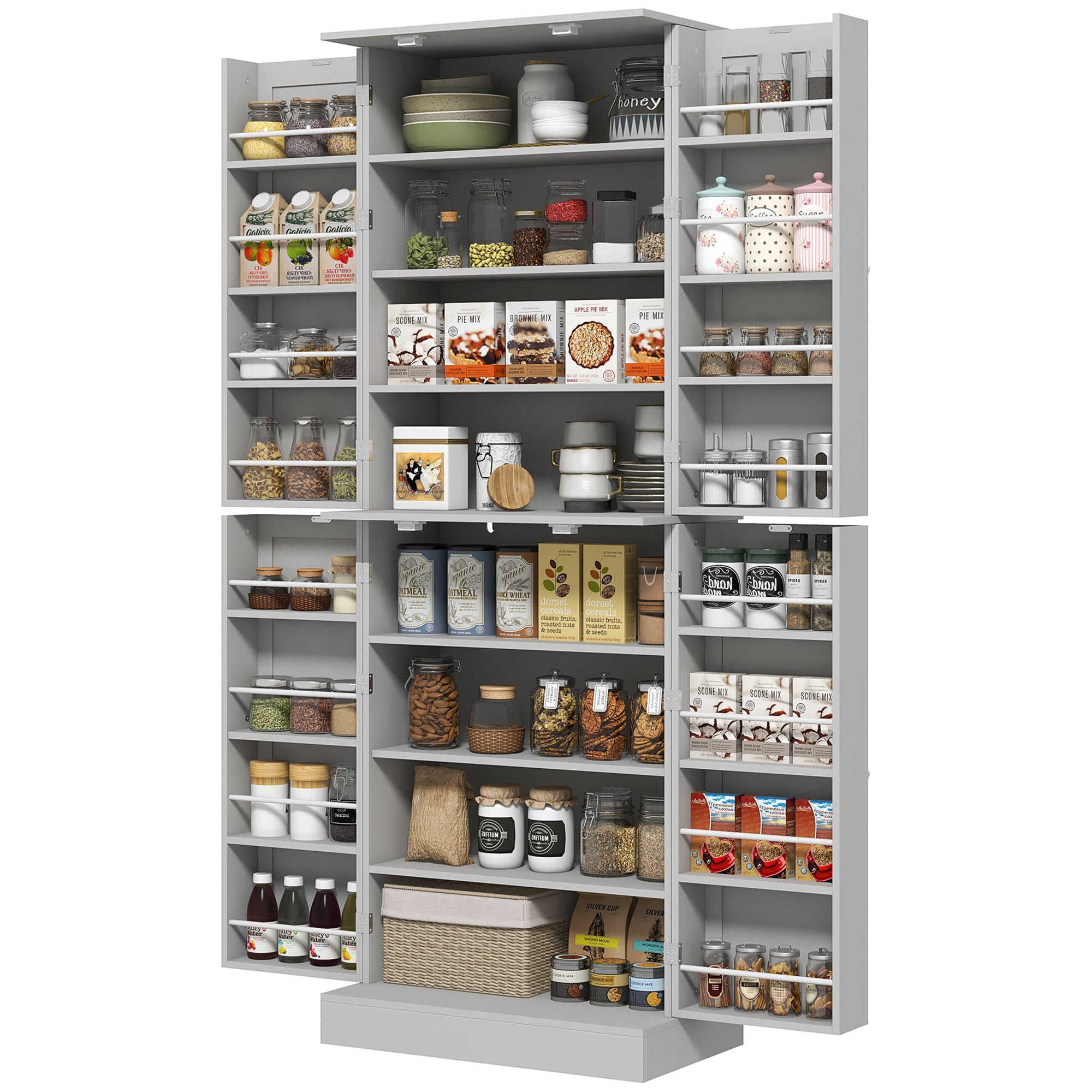 65" Grey Kitchen Pantry Cabinet with 4 Doors & 16 Shelves-DECOROLALA