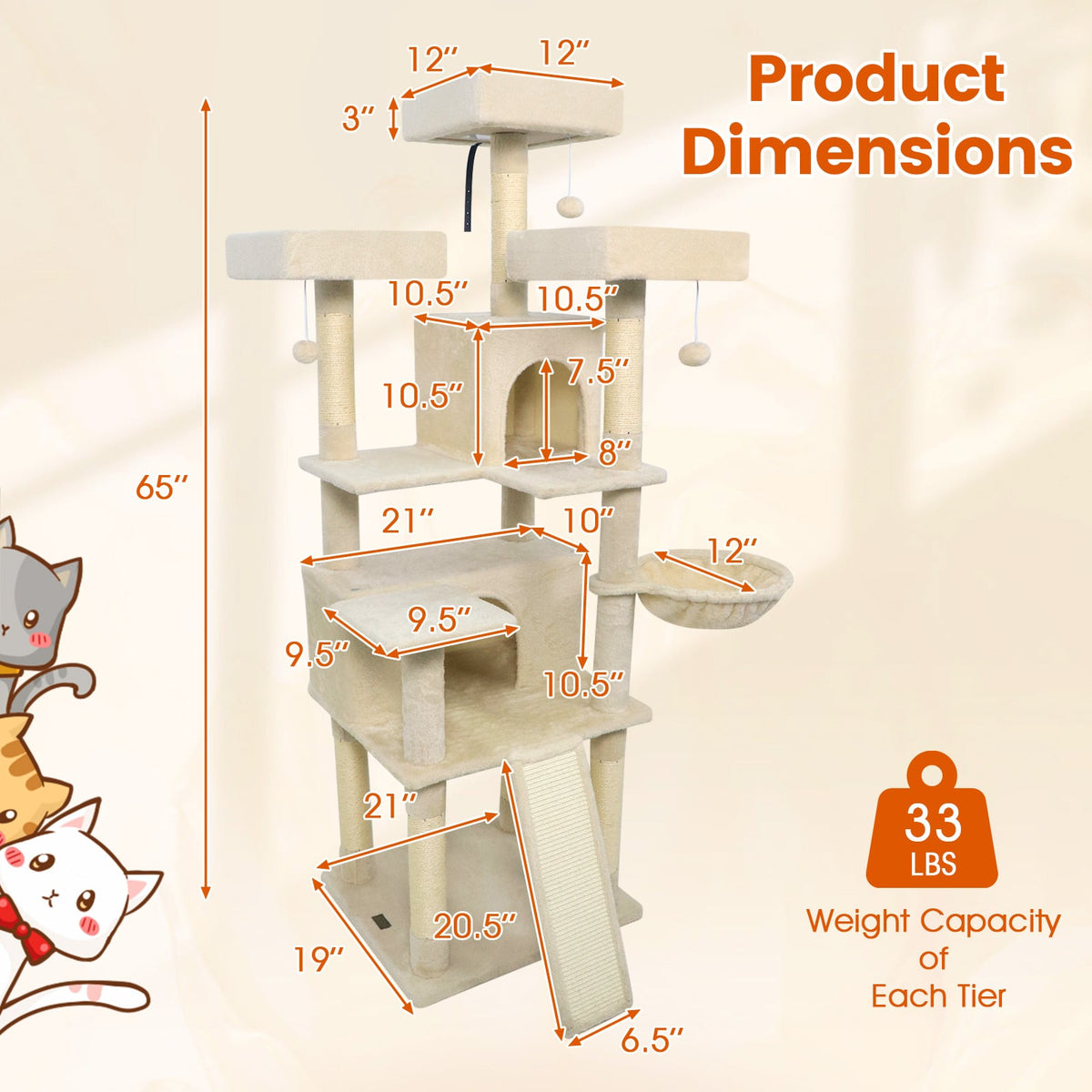 65 Inch Tall Multi-level Cat Tree with 3 Upholstered Perch and 2 Cat Condos-Beige-Cat Trees & Scratchers-DECOROLALA